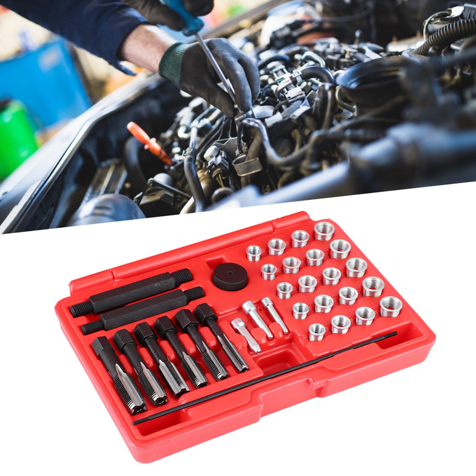 Kit de reparación de roscas de bujías incandescentes, juego de grifos e insertos de 33 piezas para M8 M10 M12 M14, herramienta de reparación de roscas para culata de motor