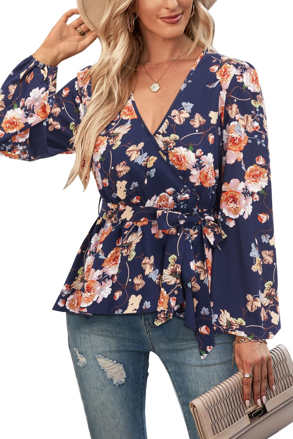 OUGESWomen Long Sleeve Blouse V Neck Floral Tie Waist Wrap Peplum Tunic Tops