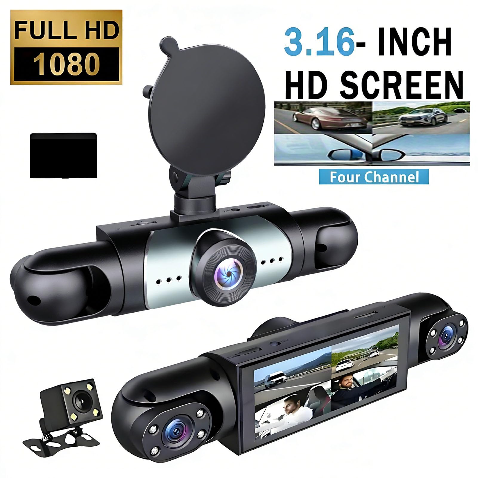 Cryfokt Dashcam 4, Registratore Auto Anteriore Posteriore Sinistra | Materiale ABS, Batteria Li-ion 150 MAh, Supporto App WiFi, Memoria Fino a 128 GB
