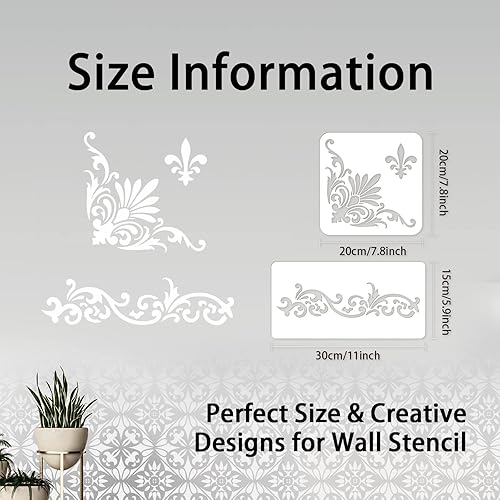 Miniatura 2 de INFUNLY 4 plantillas de esquina para pintar con borde cuadrado de flores, plantillas de pared de patrón grande, plantillas de azulejos