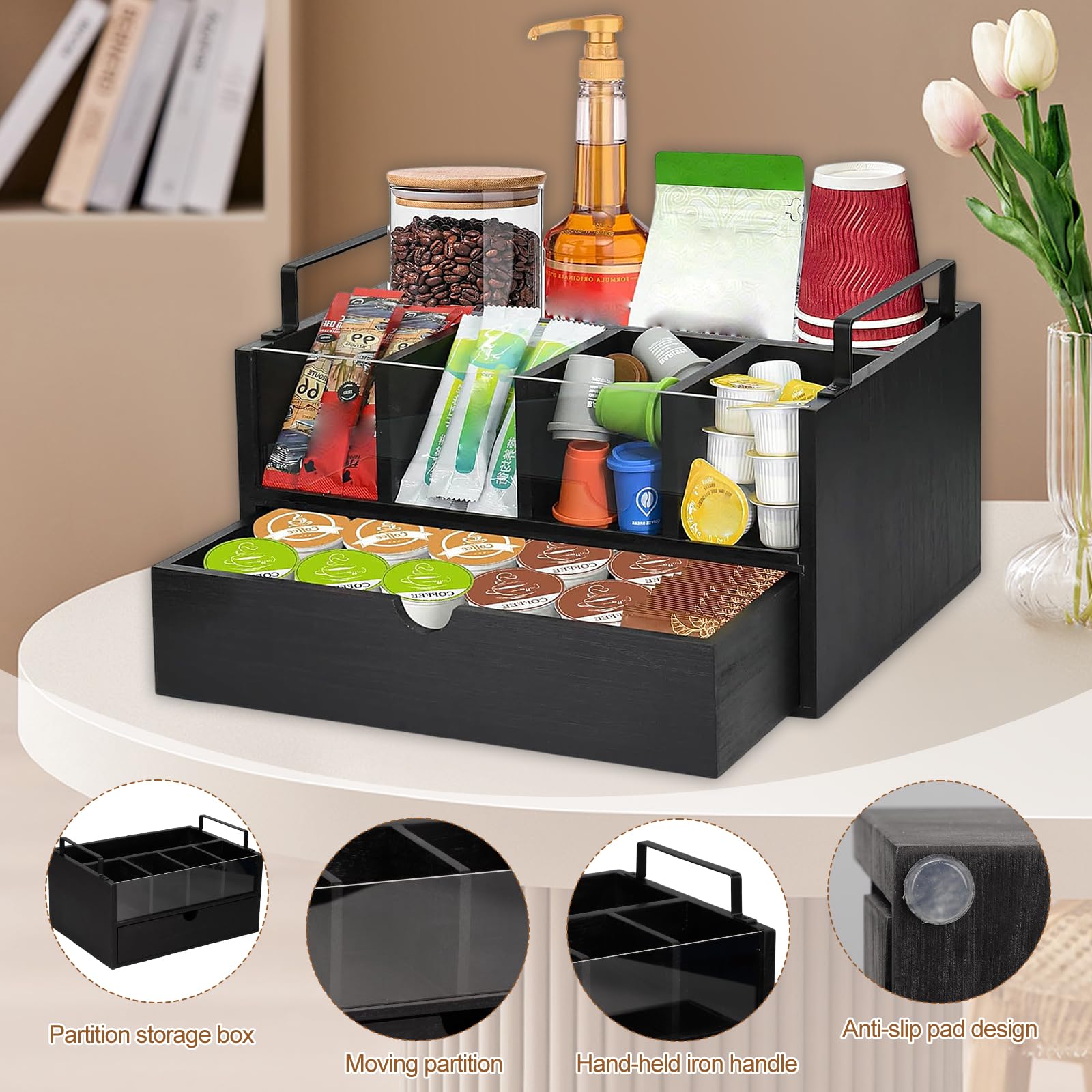 Organizador de Café y Té, Organizador de Barra de Café con 5 Compartimentos y 1 Cajón dispensador capsulas, Caja de Madera para Accesorios de Cafetera, Estación de Cafe de Escritorio (Negro)