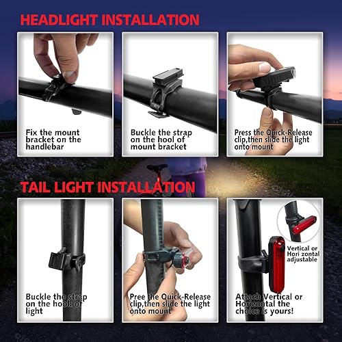 Miniatura 7 de Kunhe Luces de bicicleta recargables USB-C delanteras y traseras (2 o 4 o 10 o 20 paquetes) conducción nocturna para niños y adultos, 3 modos de