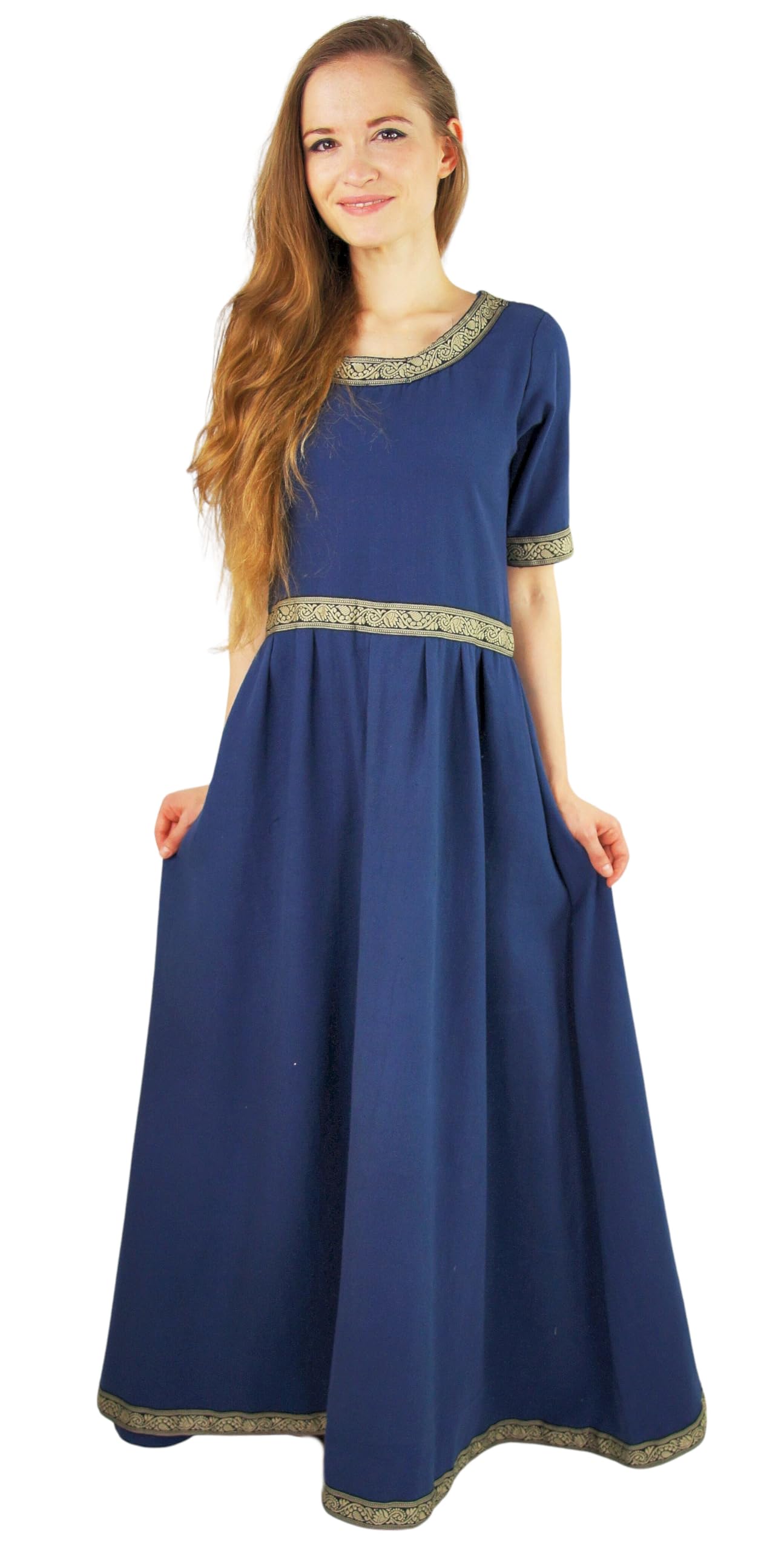 Leonardo Carbone® Vestido de mujer Ennlin, diseño de cenefa, espalda con cordones, carnaval, Halloween, cosplay, LARP, medieval, vikingo, disfraz, línea A, 100% algodón