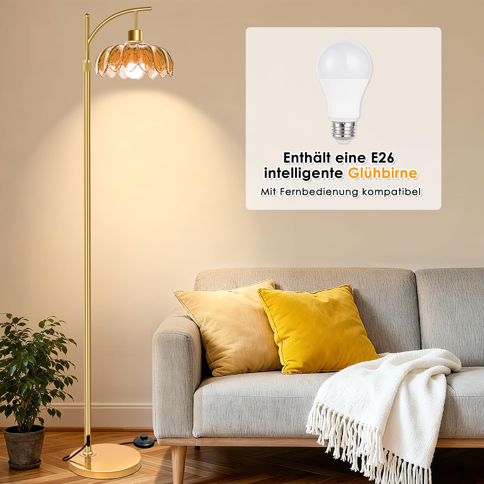 Stehlampe Wohnzimmer Vintage Gold Dimmbar mit Fernbedienung: Moderne LED Leselampe Messing Bogen für Schlafzimmer, Büro, Retro Klassische Design mit Braun Schirm, Boho & Mid Century Modern, Groß 175cm