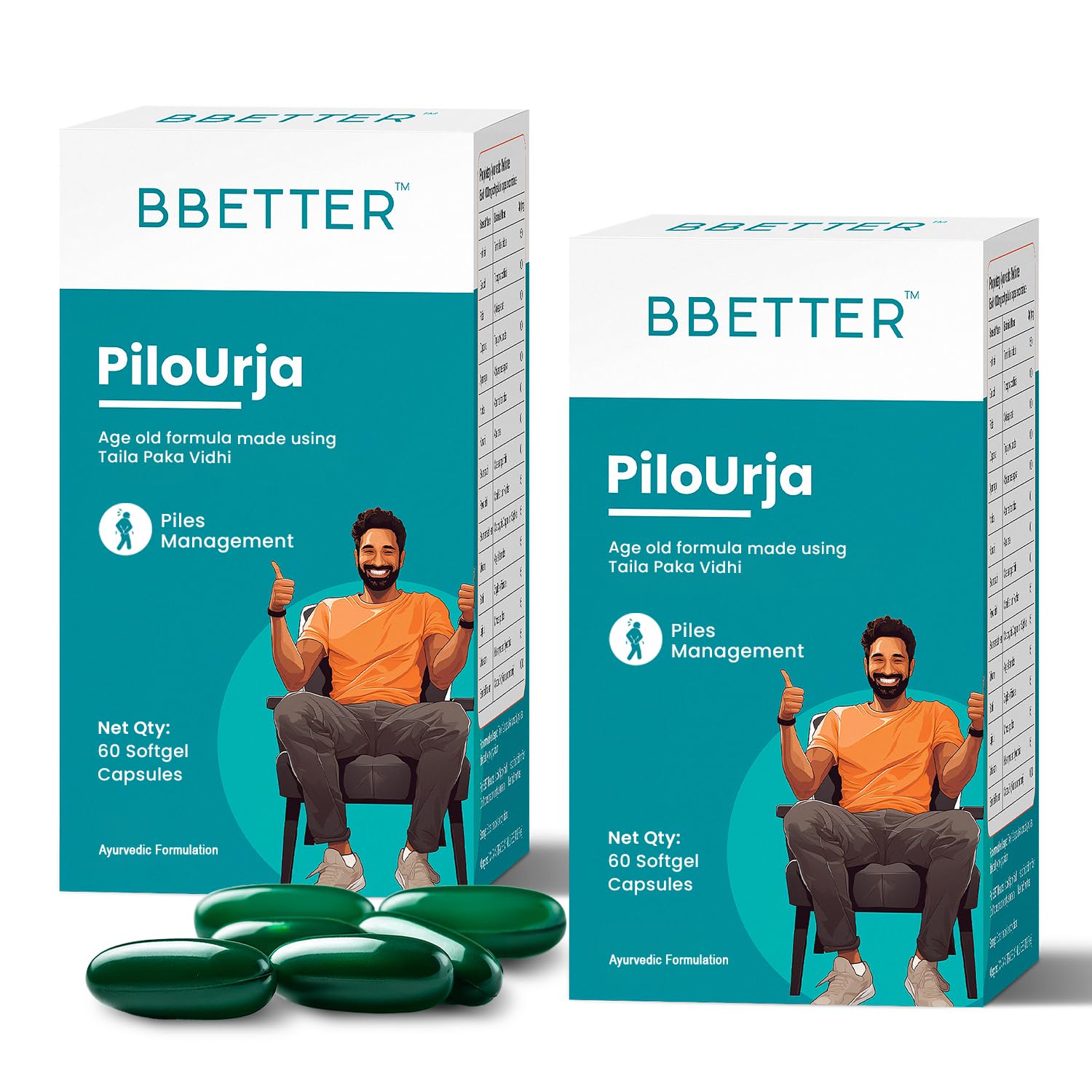 BBETTER PiloUrja -Lab Tested Ayurvedic Medicine for Relief from Piles Pain, Burning & Itching | Made by Taila Paka Vidhi Method | 120 Softgels