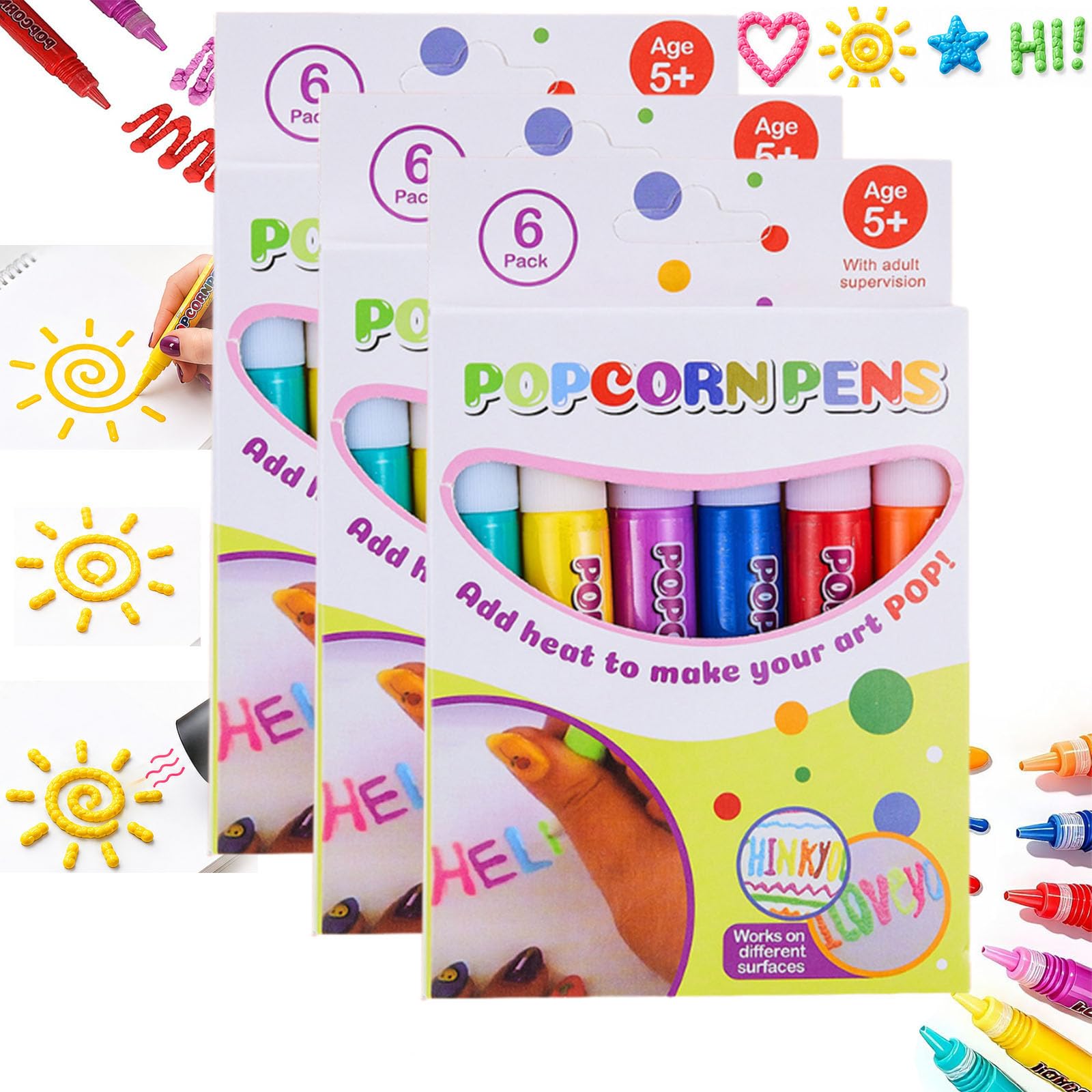 Magic Popcorn Pens, DIY Bubble Pop-corn Drawing Pens，3 Sets