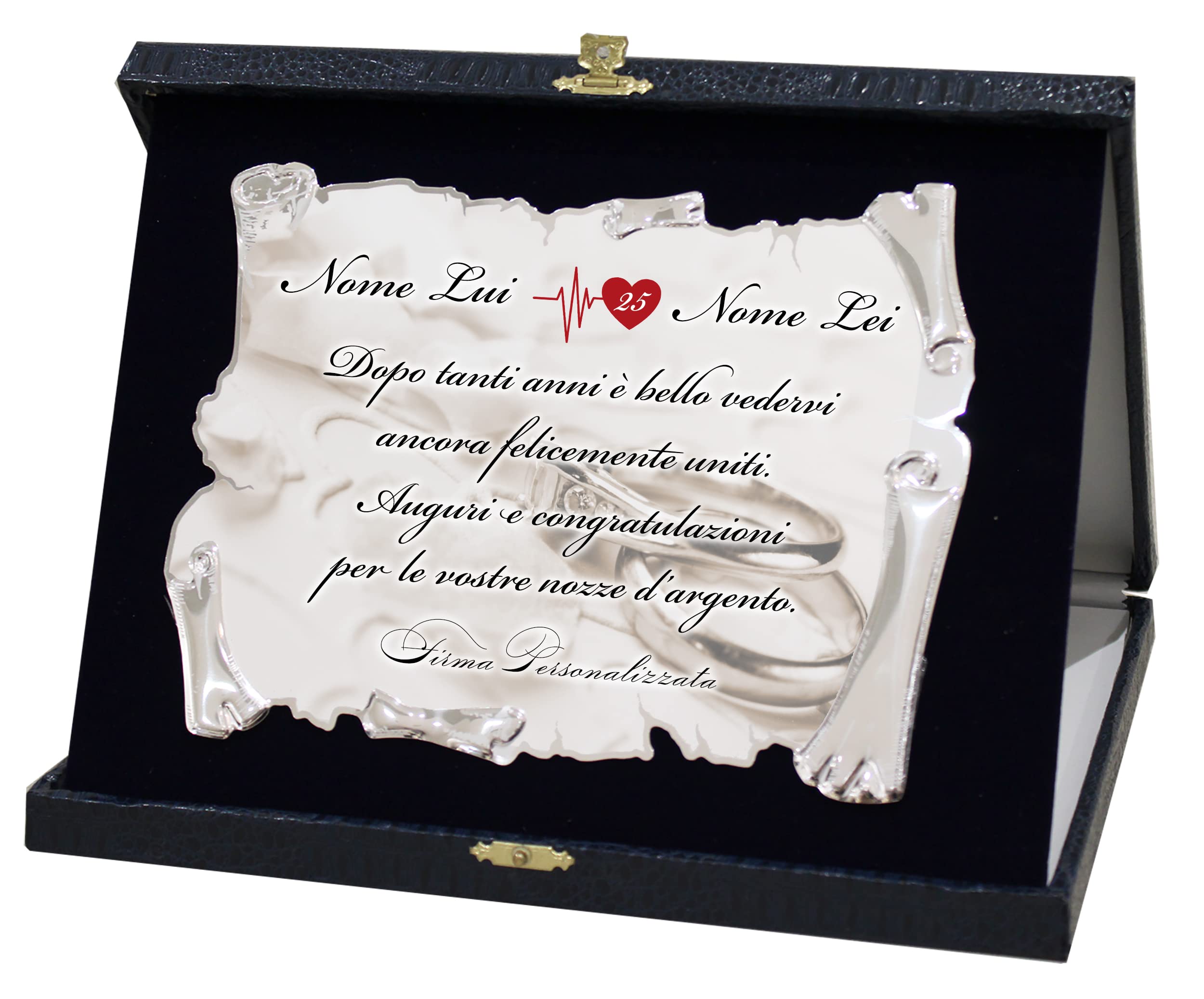 Generico Targa 25esimo Anniversario Venticinquesimo Pergamena Con Cofanetto Celebrativa Personalizzata In Alluminio Argento 20x15 Cm