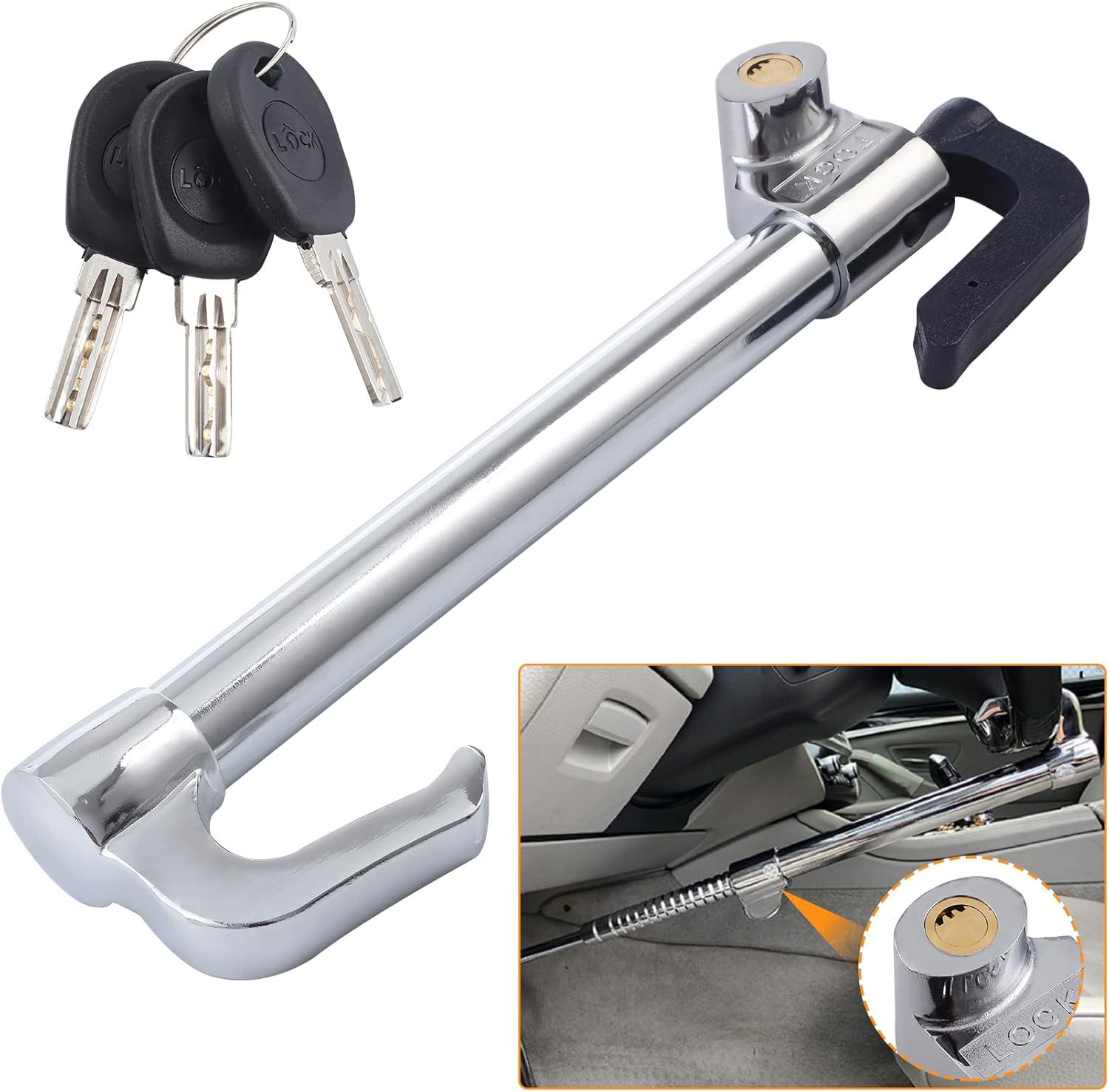 CarBole Car Steering Wheel Lock Universal with 3 Keys,Brake Pedal Clutch Lock Telescopic Hook