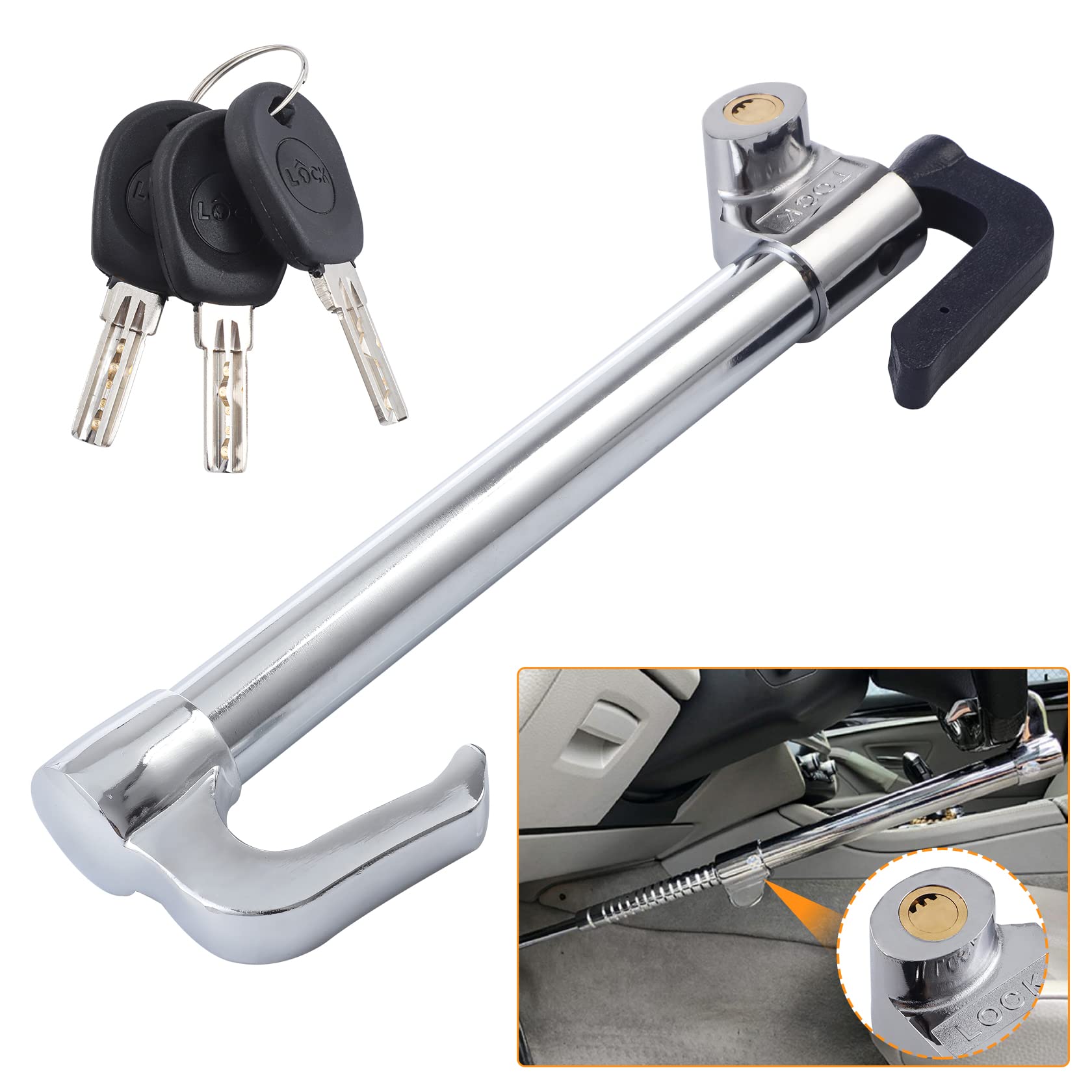 CarBole Car Steering Wheel Lock Universal with 3 Keys,Brake Pedal Clutch Lock Telescopic Hook Universal Anti-Theft.Fit for Cars, Trucks, Vans and SUVs (Silver)