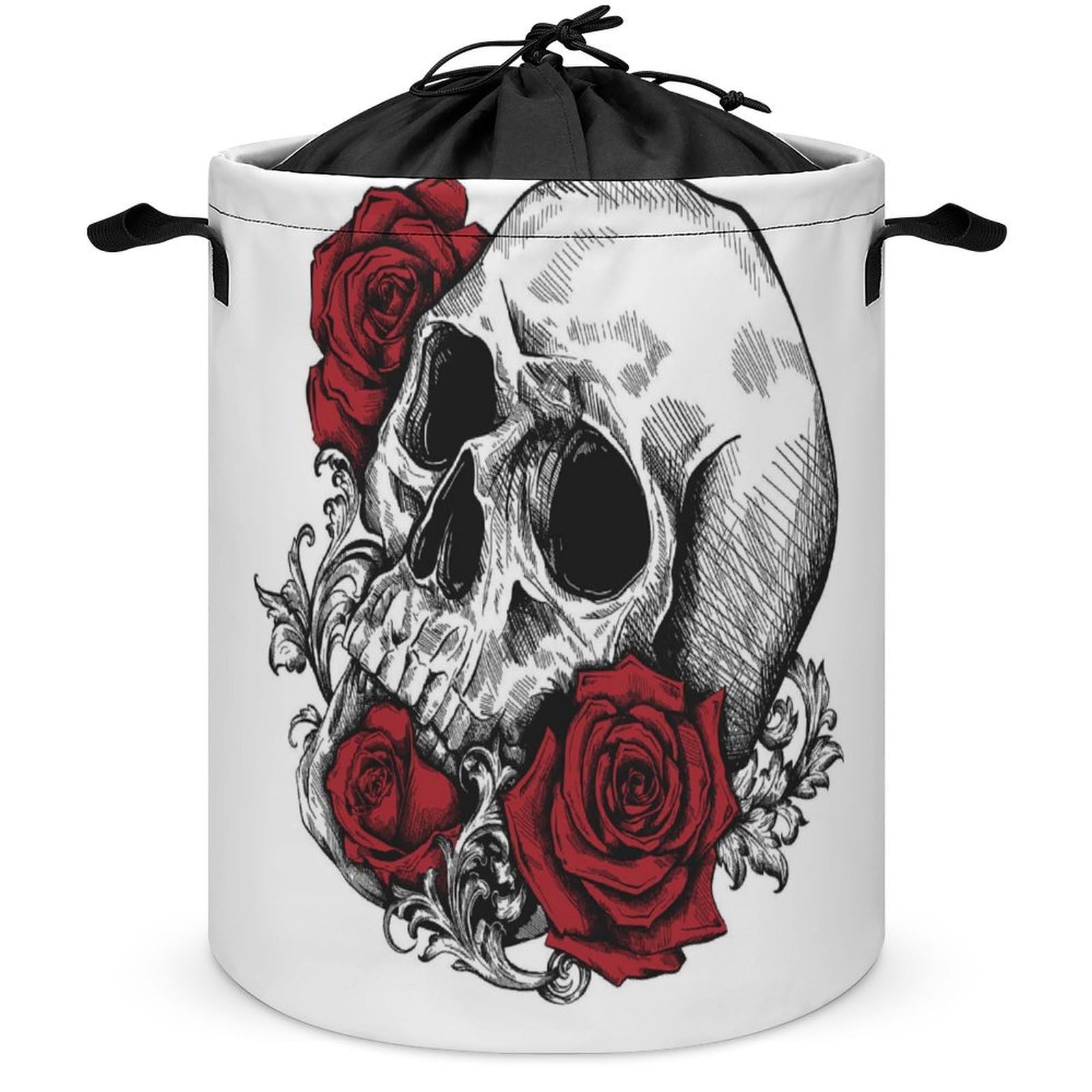 Wlntrophic Drawstring Laundry Hamper, Skull with Roses Laundry Basket, Washing Basket with Handle
