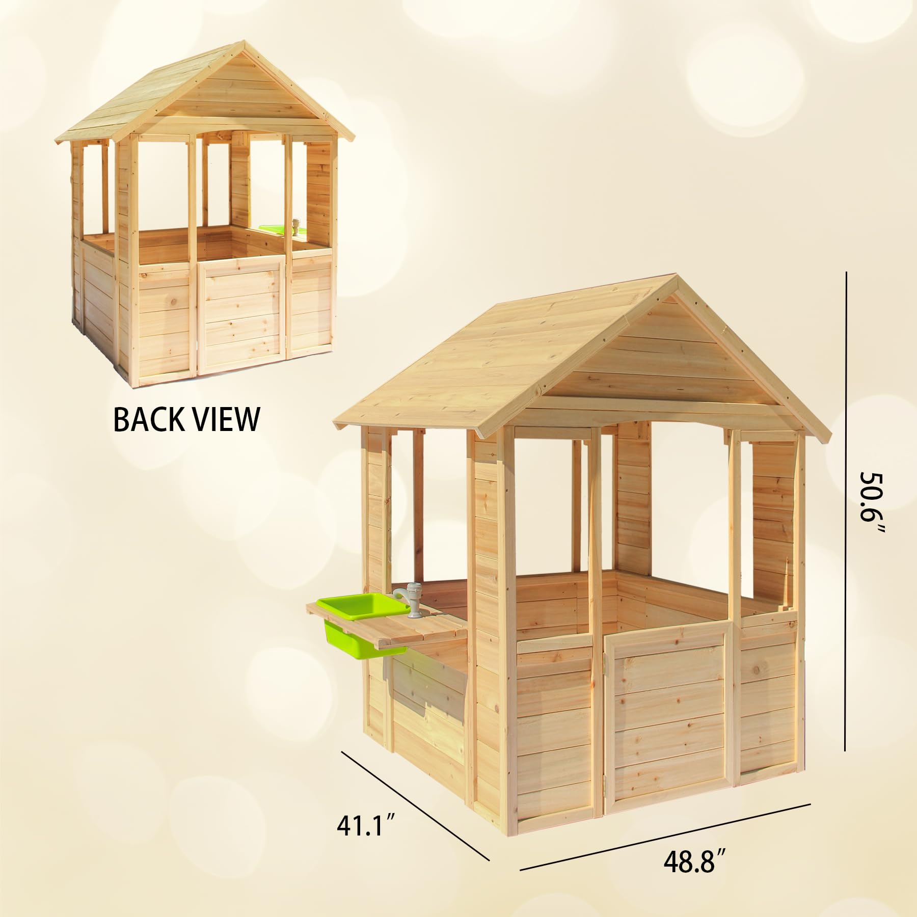 Spielhaus für Kinder im Freien, Spielhaus aus Holz im Landhausstil mit Waschbecken, Fenstern, Arbeitstür, Kochgeschirrtöpfen, Cottage-Spielhaus für den Außenbereich, Hinterhof, Terrasse (Natural)