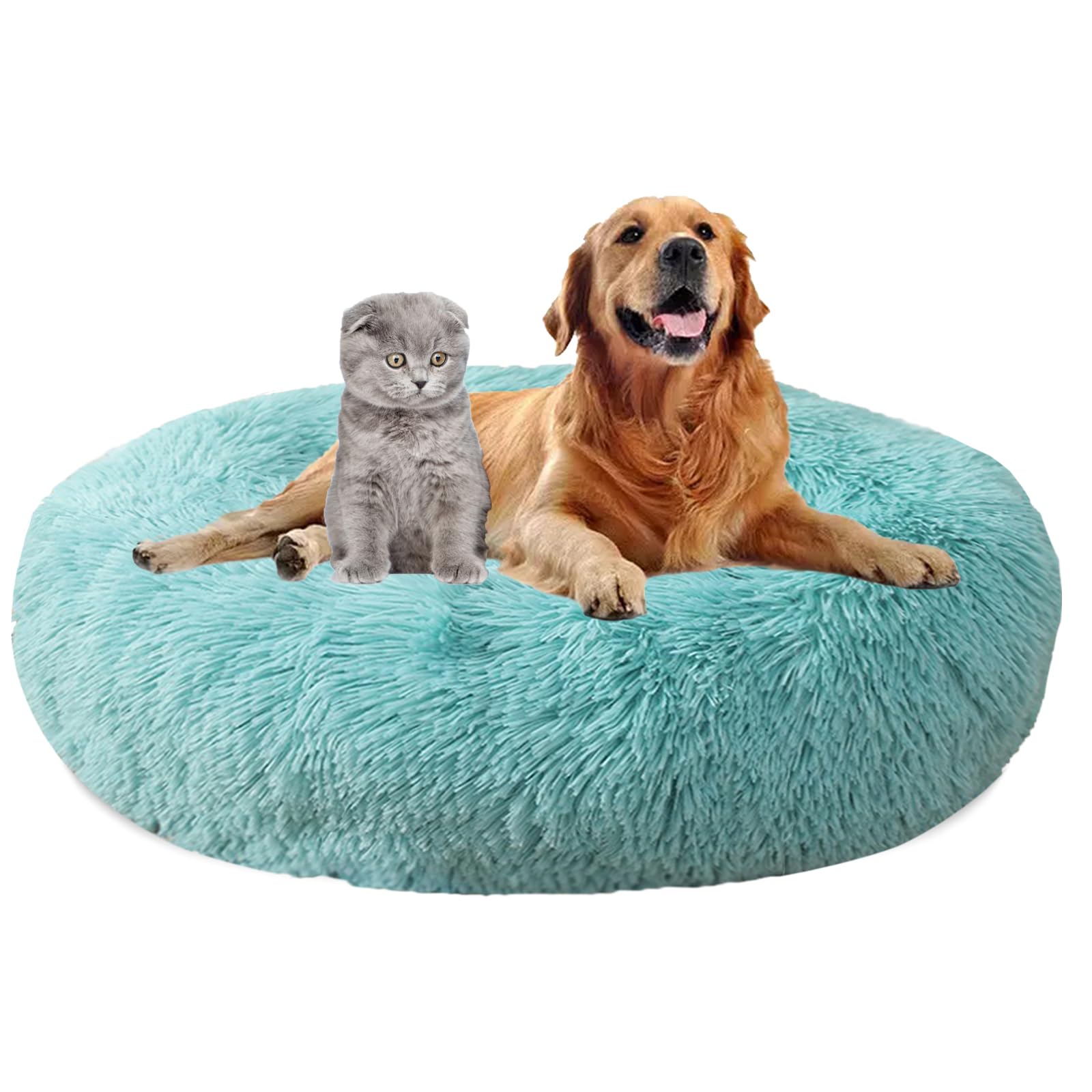 MAIFENGL Calming Dog Bed Plush Donut Pet Bed, Fluffy Washable Non-Slip Plush Cuddler Warming Round Dog Cat Bed- Emerald Green|| Ø120cm/47in