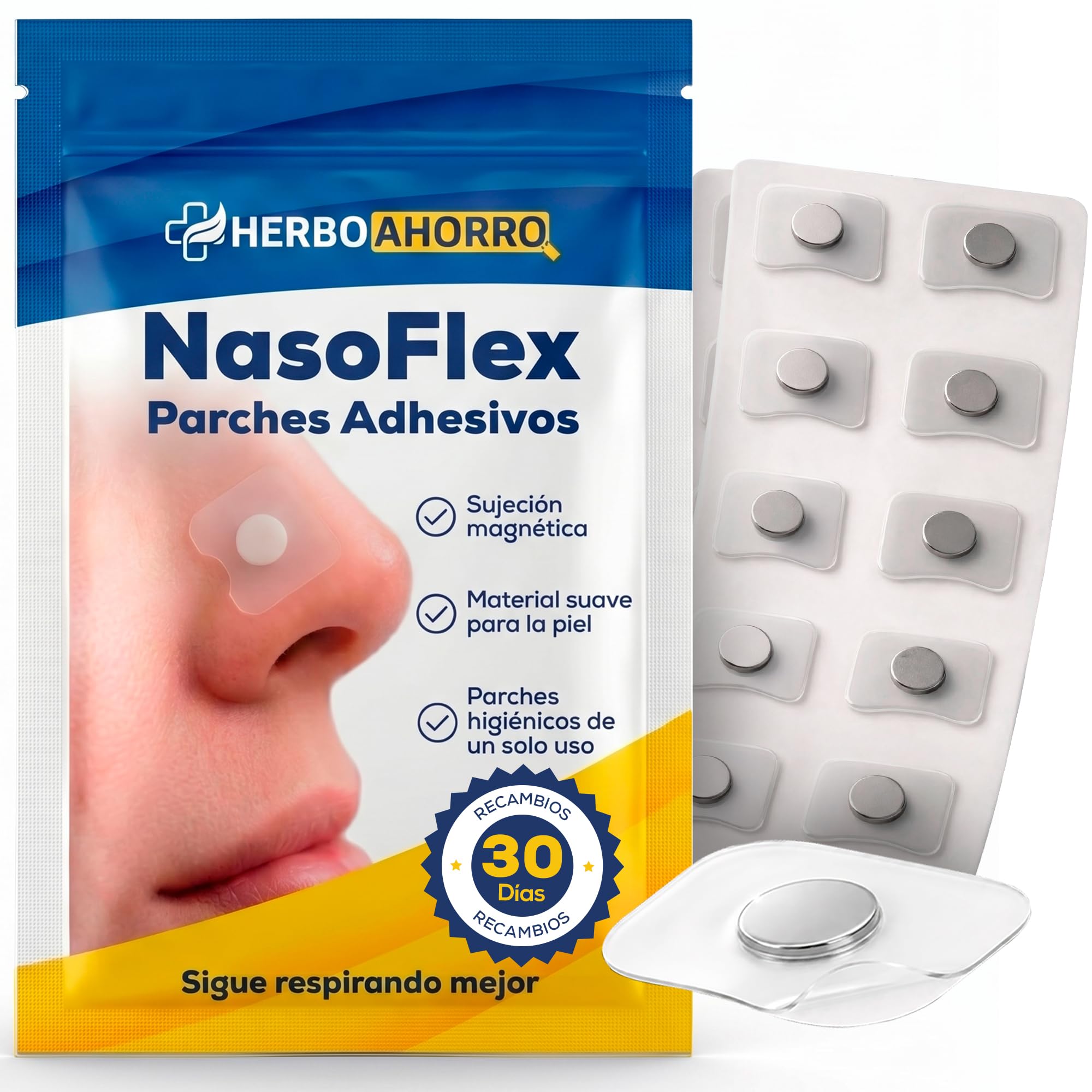 Tiras Nasales Magnéticas Recambios – 60 Adhesivos Transparentes Hipoalergénicos para 30 Días – Parches Antironquidos Compatibles con Tira Nasal Magnética, Respiración Nasal Mejorada - HerboAhorro ®