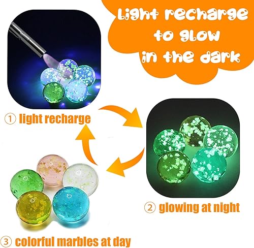 Miniatura 4 de 23 canicas de vidrio para niños, 20 canicas variadas de colores y 3 canicas que brillan en la oscuridad, juegos de canicas y accesorios de carrera