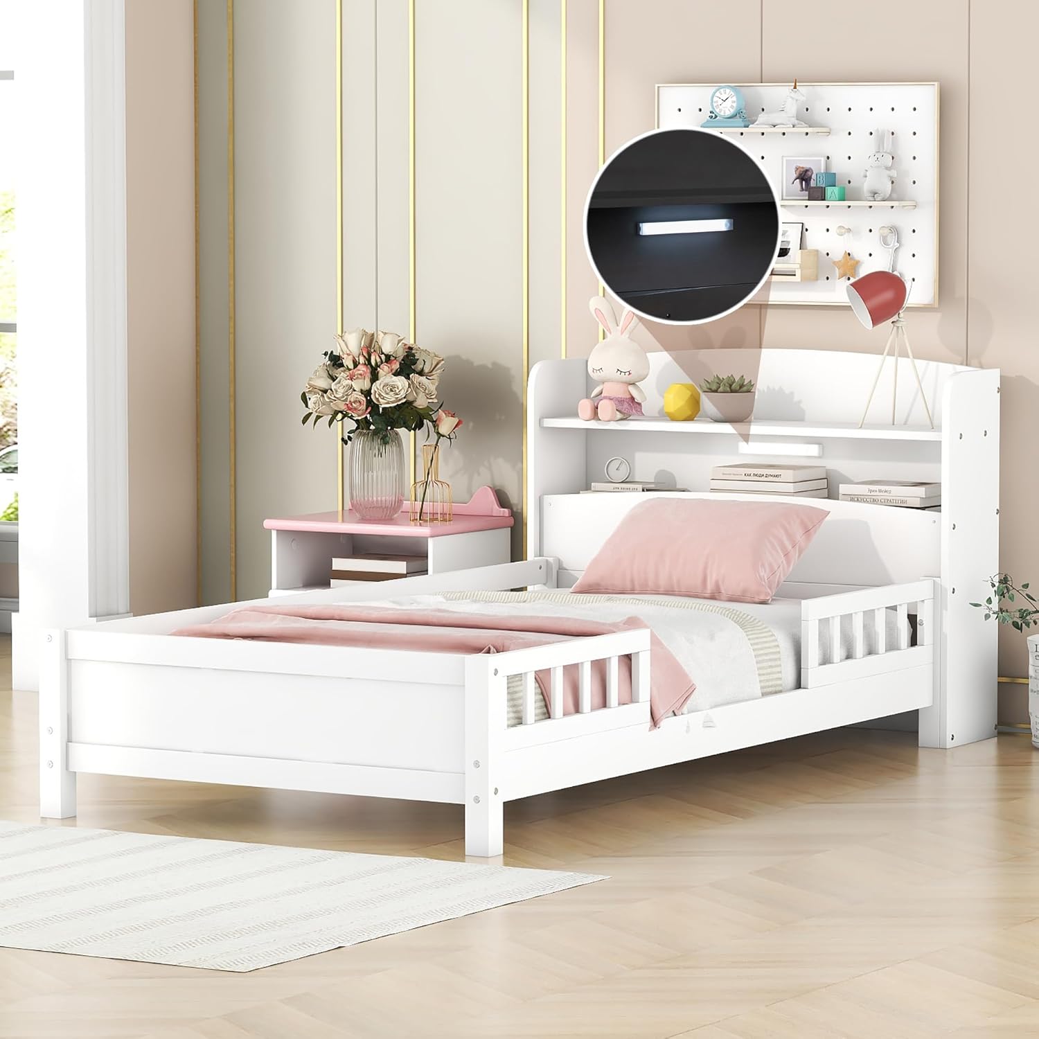 SOFTSEA Twin Size Bed Frame with Storage Headboard and LED Light for Kids, Solid Wood Platform Bed Frame with Fence Guardrails, Kids Twin Bed Frame, White