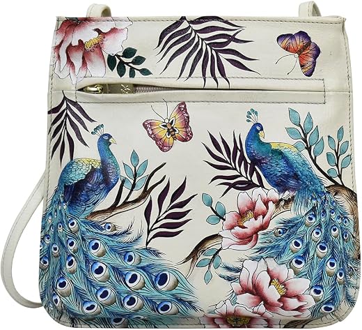 Anuschka Women’s Hand-Painted Genuine Leather Slim Crossbody With Front Zip - Pretty Peacocks