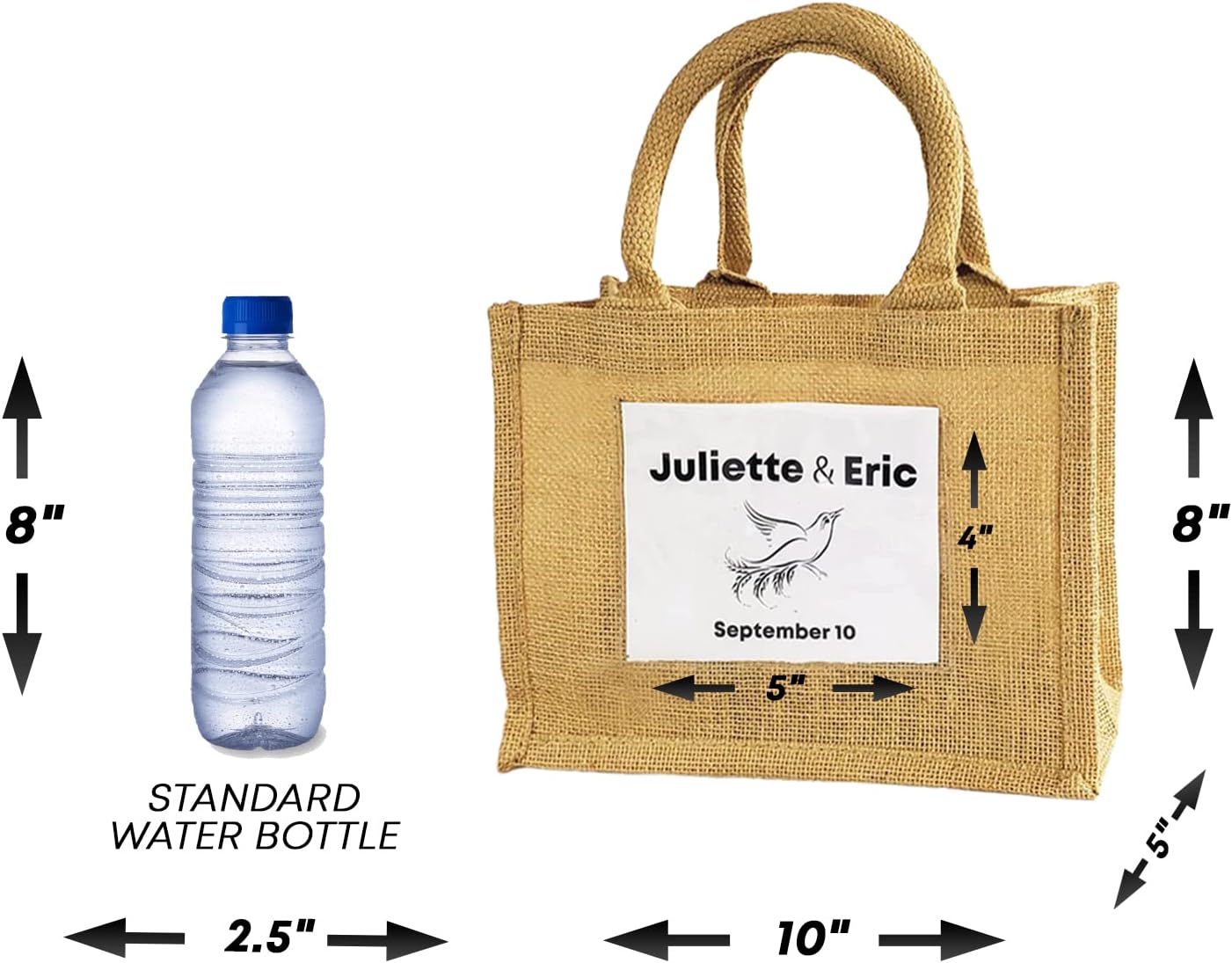 TBF Sturdy Cute Natural Jute Burlap Small Rustic Wedding Welcome Gift Bags with Clear Front Pocket