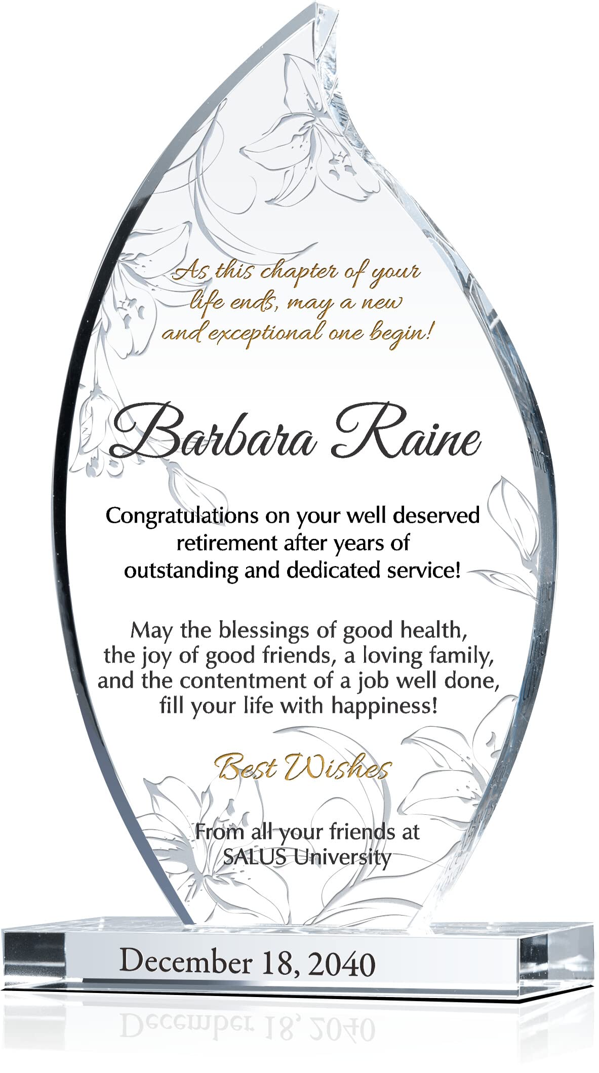 Personalized Crystal Flame Shaped Retirement Gift Plaque for Woman Coworker or Female Boss, Customized with Retiree's Name, Service Period, Unique