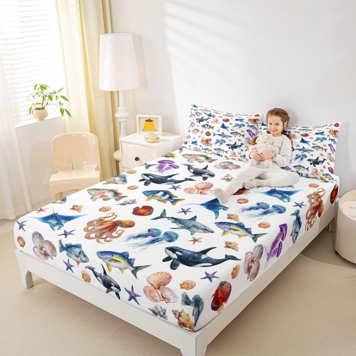 Homewish Ocean zestaw pościeli King Orca wieloryb okonia ryba prześcieradło z gumką meduza ośmiornica prześcieradła dla dzieci nastolatków dziewcząt, nadmorskie życie morskie narzuta na łóżko 3 szt
