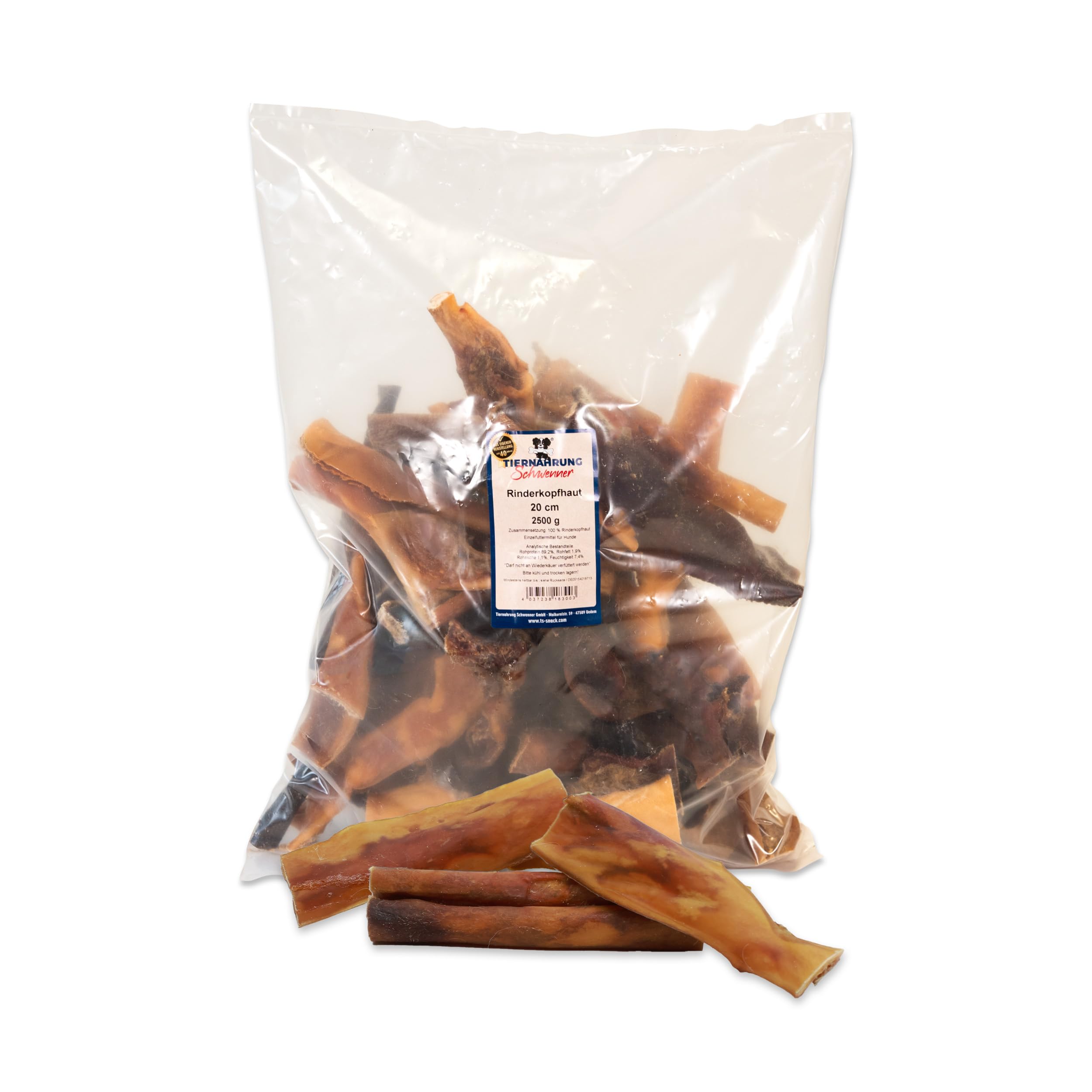 Tiernahrung Schwenner - Rinderkopfhaut für Hunde getrocknet – Dog Snacks – Hunde Zahnpflege – 2500g 20cm