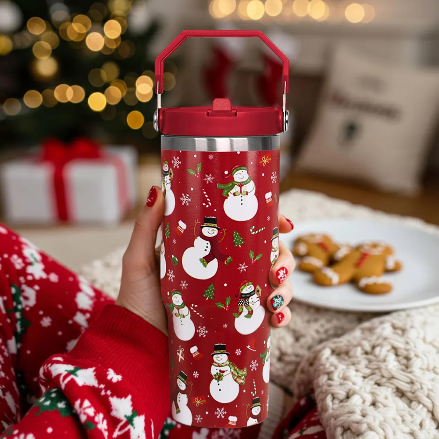 30 oz Christmas Snowman Flip CoffeeTravel Mug Cup Water Botter Tumbler with Handle lid and Straw,Christmas Stuff Decor Accessories - Image 5