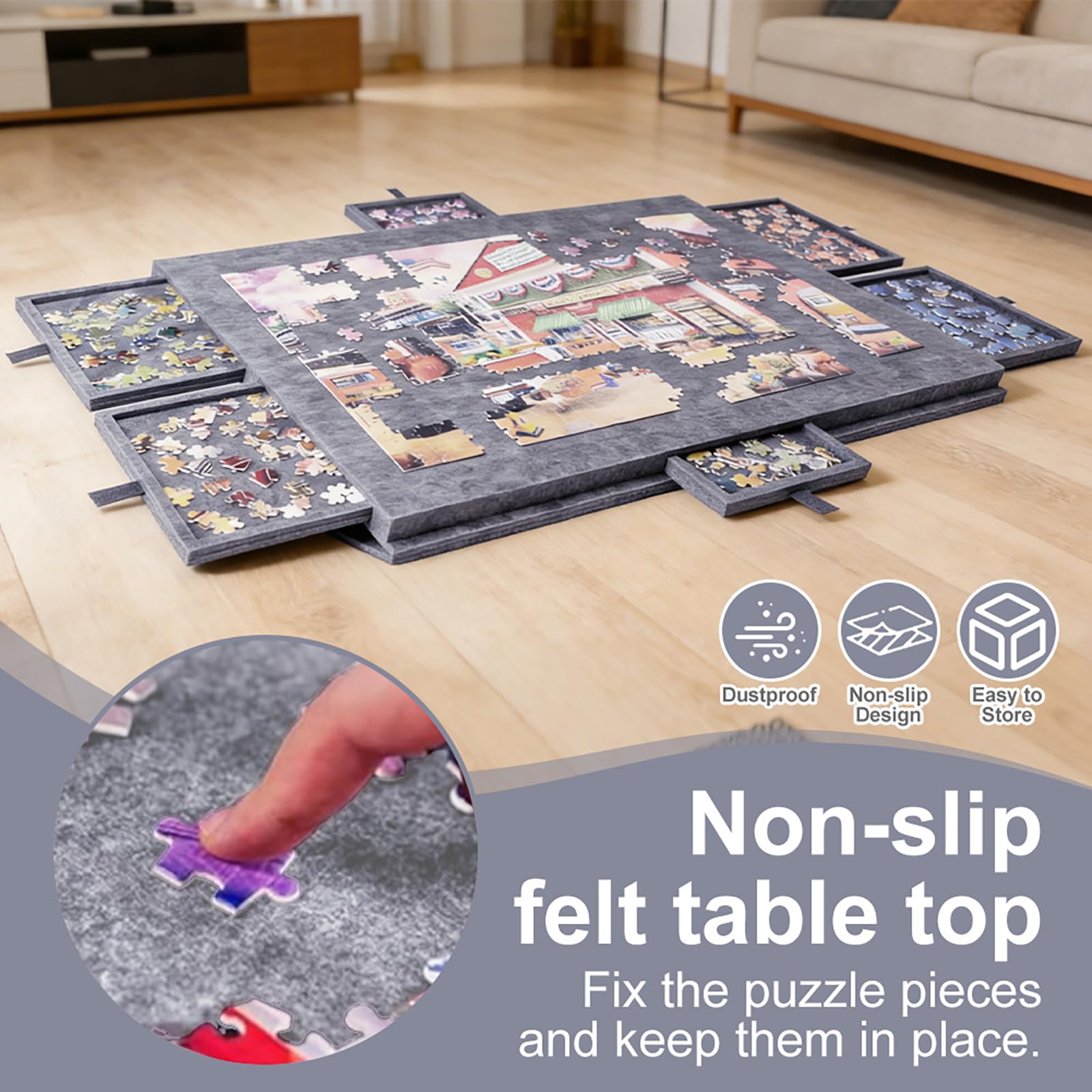 Przechylany stół do puzzli, deska do puzzli, do 1000 elementów, przenośna deska z 6 szufladami, lekki filcowy stół puzzle ze stojakiem 2 w 1 i pokrywą, szary