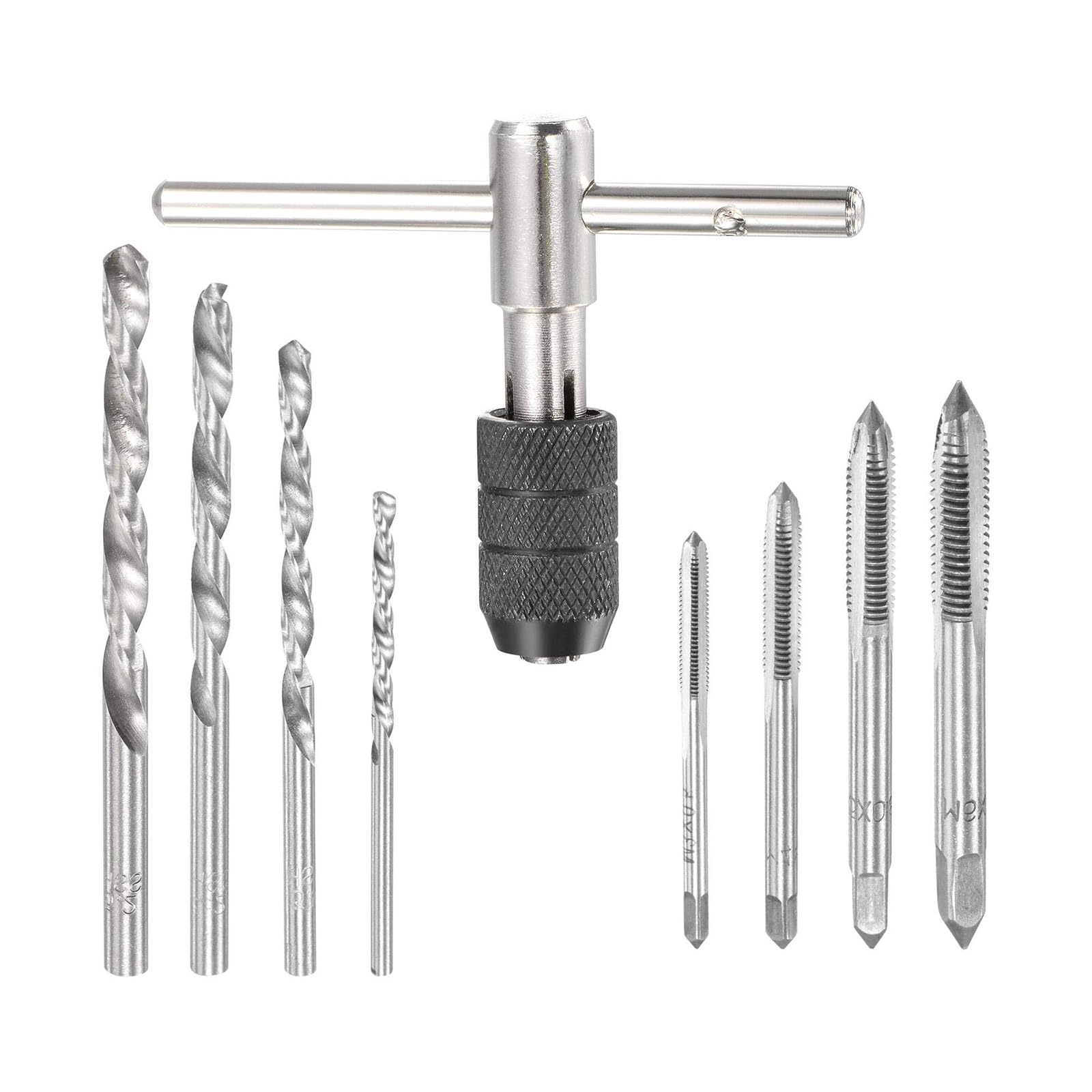 MACHSWON Adjustable T-Handle Tap Wrench Set,M3 M4 M5 M6 Hand Thread Taps & 2.5mm 3.5mm 4.2mm 5.2mm Twist Drill Bits,High Speed Steel Threading Tool for Metal Aluminum Plastic Wood,9pcs
