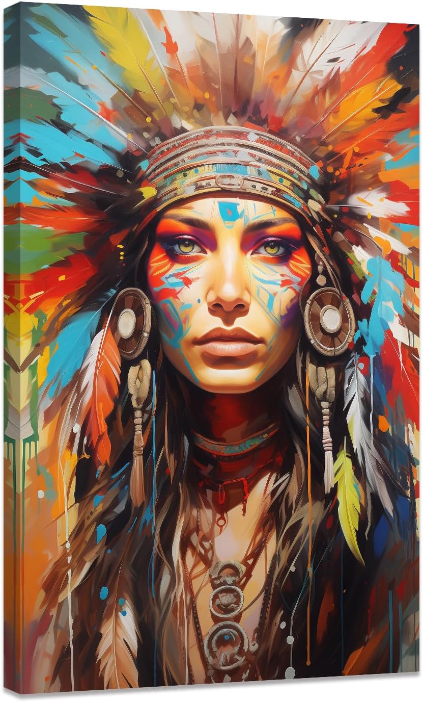 CCWACPP Native American Wall Art Framed Indian Girl Headdress Feathered Pictures Native Women Painting Vintage Canvas Print Southwestern Indian Wall Decor (B, (12.00" x 18.00"))