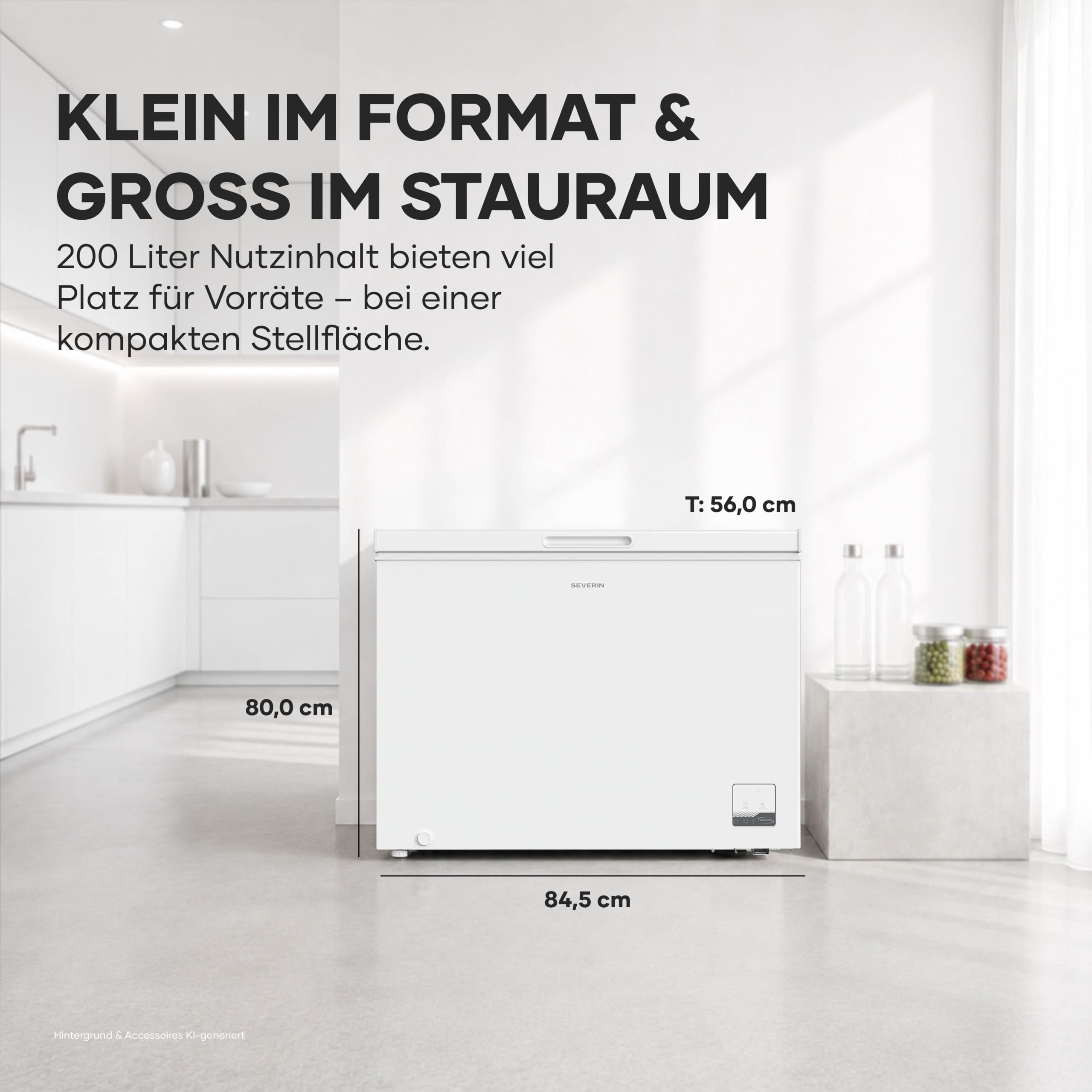 Severin Gefriertruhe, 200L, 4-Sterne-Gefrieren, -24°C, Inverter, 39 dB | Geringe Lautstärke, Freistehend, Energieeffizienzklasse C, Inverter, 32 kg, 98,0 x 54,6 x 82,5 cm, freezer, weiß, 8849