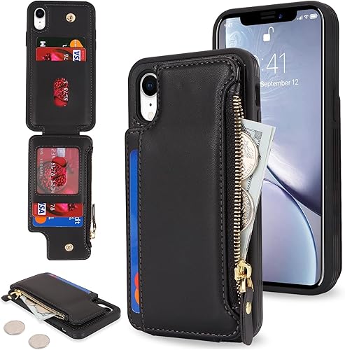 Cavor Funda protectora para iPhone XR con tarjetero para iPhone Xr para mujeres y hombres, cierre magnético de cuero, bolsillo con cremallera, color