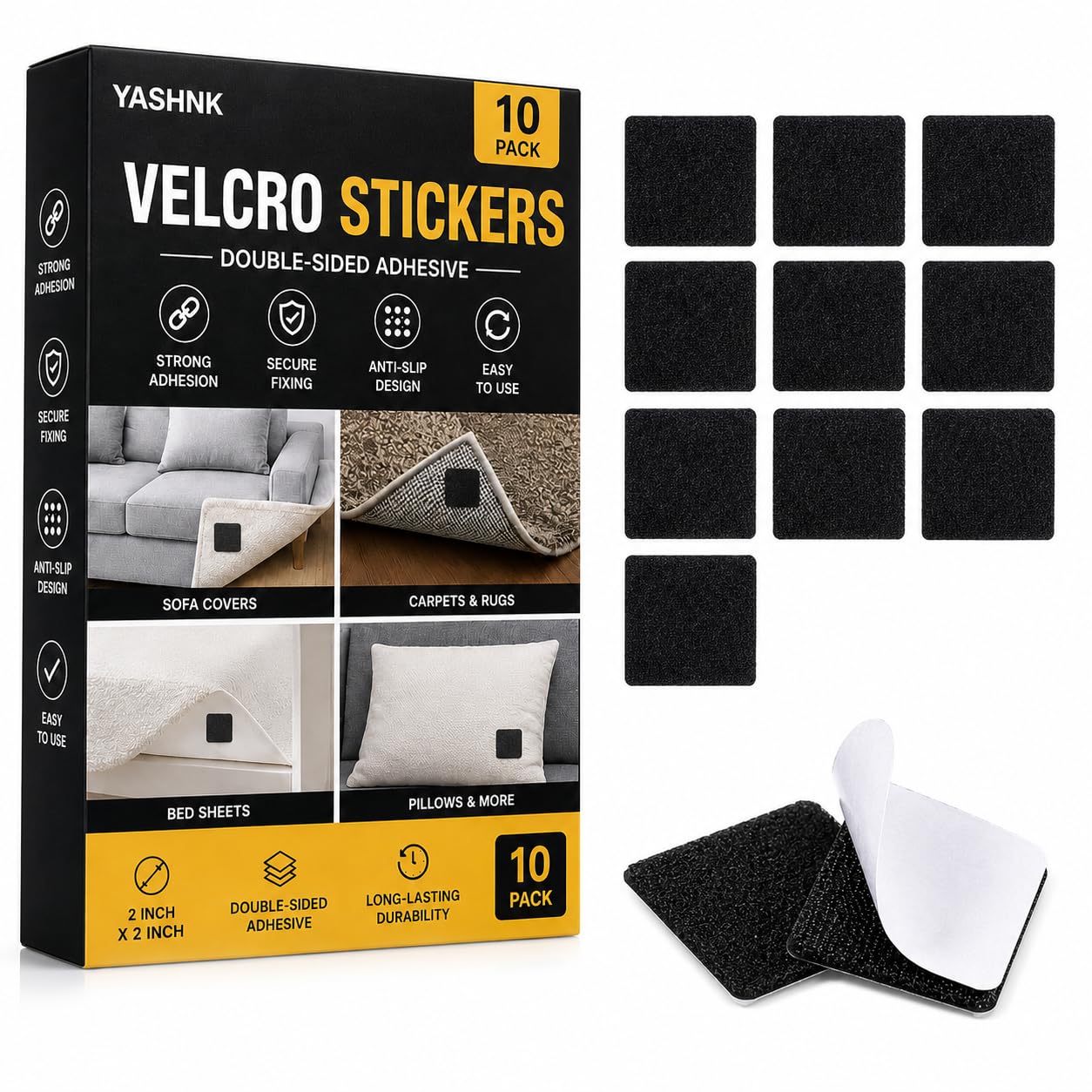 10-Pack Velcro Stickers for Sofa Cover, Carpet Sticker for Floor, Mats Rugs Bed Sheets Pillows Sofa Mattress Couch Blankets, 2-Inch Round Double-Sided Adhesive Secure Fixing Anti-Slip Black-image-19
