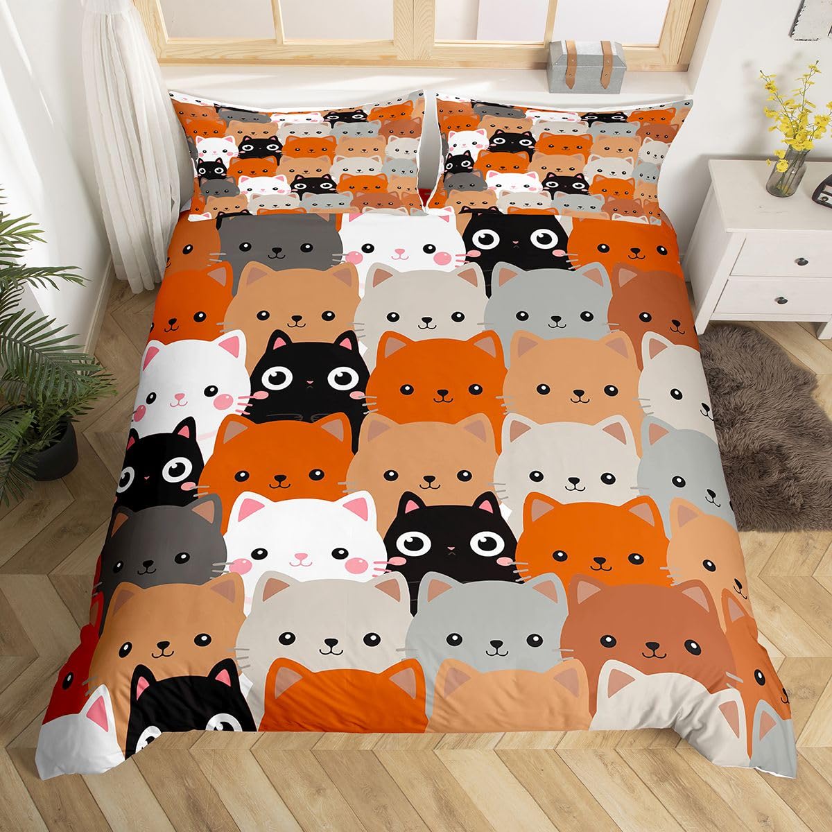 Homemissing Funny Cat Duvet Cover Set Single Size Cartoon Cat Bedding Set for Kids Women Men Cute Kitten Duvet Cover with 1 Pillowcase Anime Cartoon Bed Sets