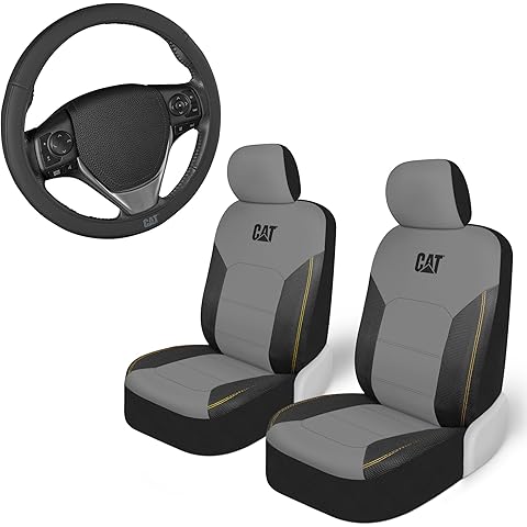 Heavy Duty PU Leather/Mesh Hybrid Car Seat Covers - Steering Wheel Cover and 2 Front Seat Covers for Car/Truck/SUV - Black & Gray