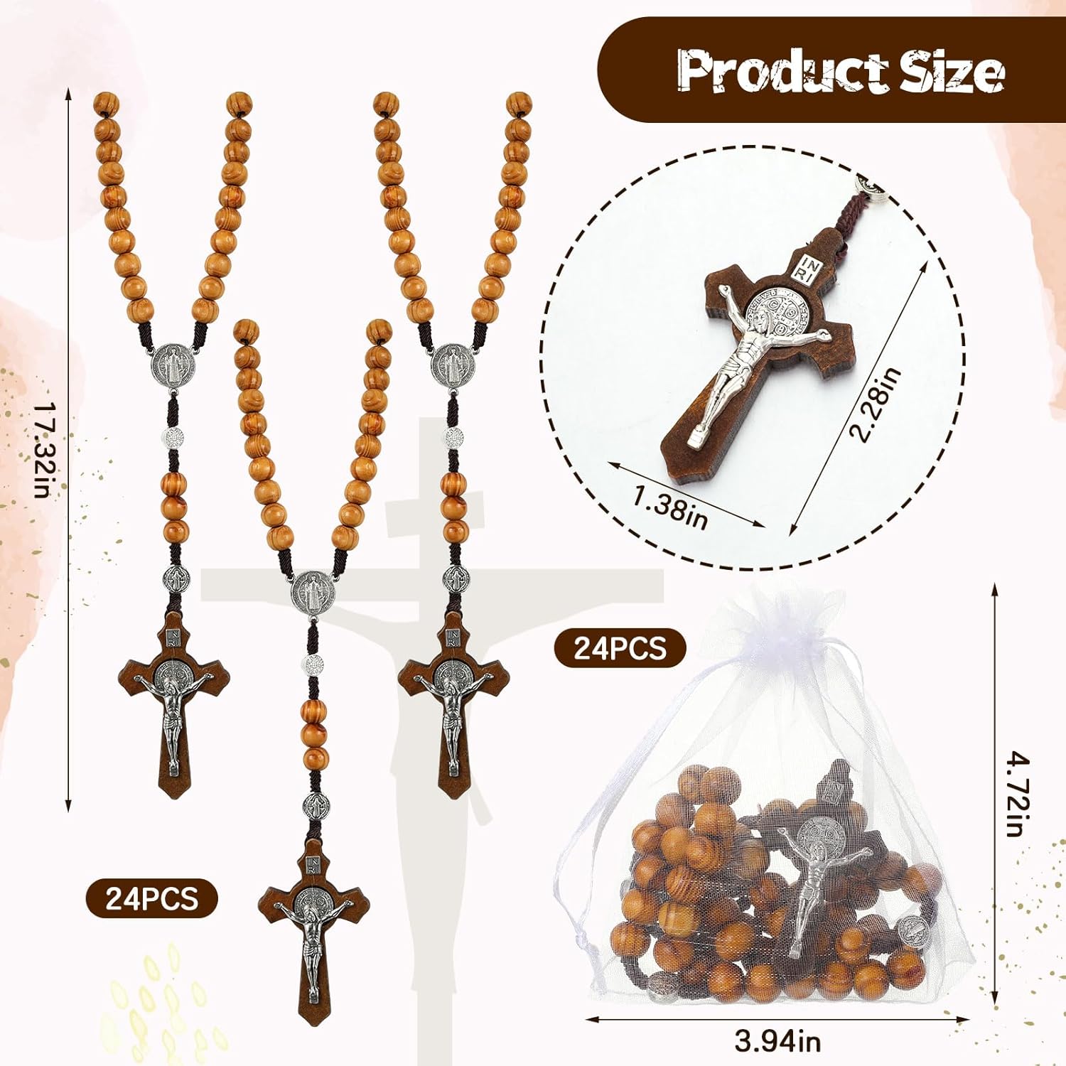 24 Set Wooden Bead Rosary Necklace Catholic Rosary Wood Carved Beads with Jesus Cross Our Father Solid with Organza Bag Pouch Baptism Favors Catholic Gift - Image 2
