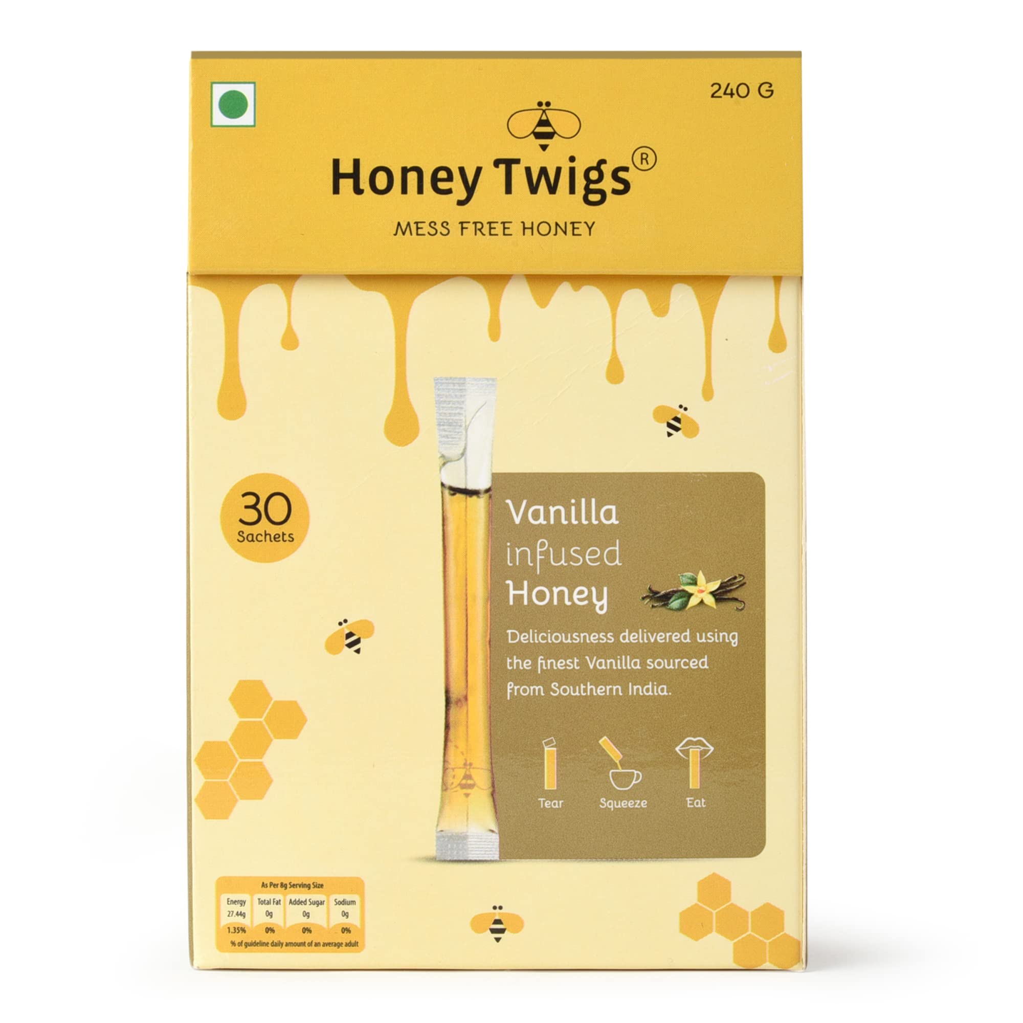 Honey Twigs Vanilla Honey, 240gms (30 Sachets) | Perfect for Soothing and Calming the Body