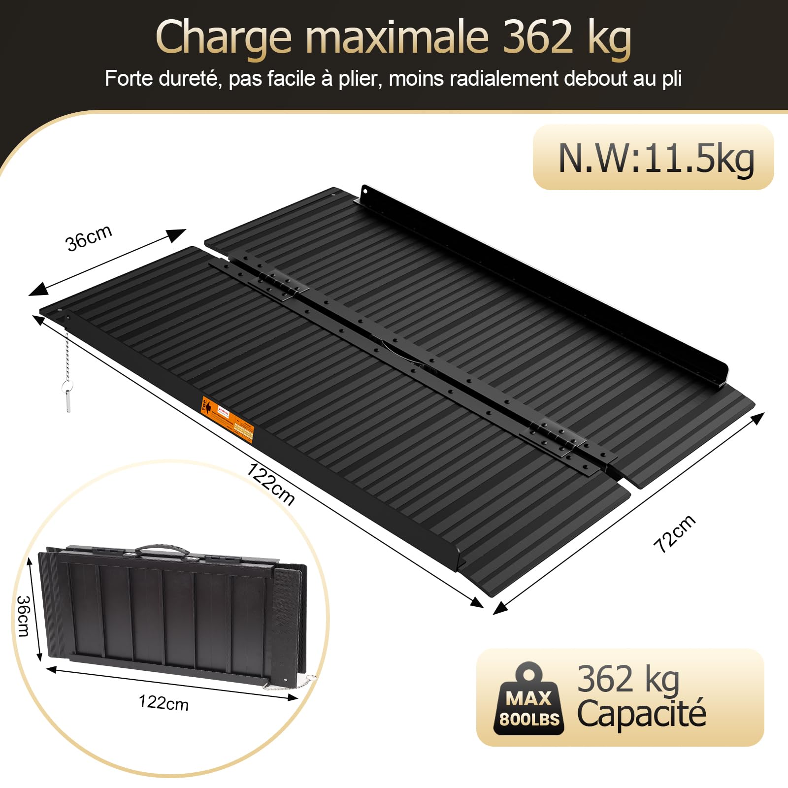 gardhom Rampe de Fauteuil Roulant Pliable pour escalier 122 * 72cm, capacité de Charge 362kg Rampe antidérapante pour Fauteuil Roulant