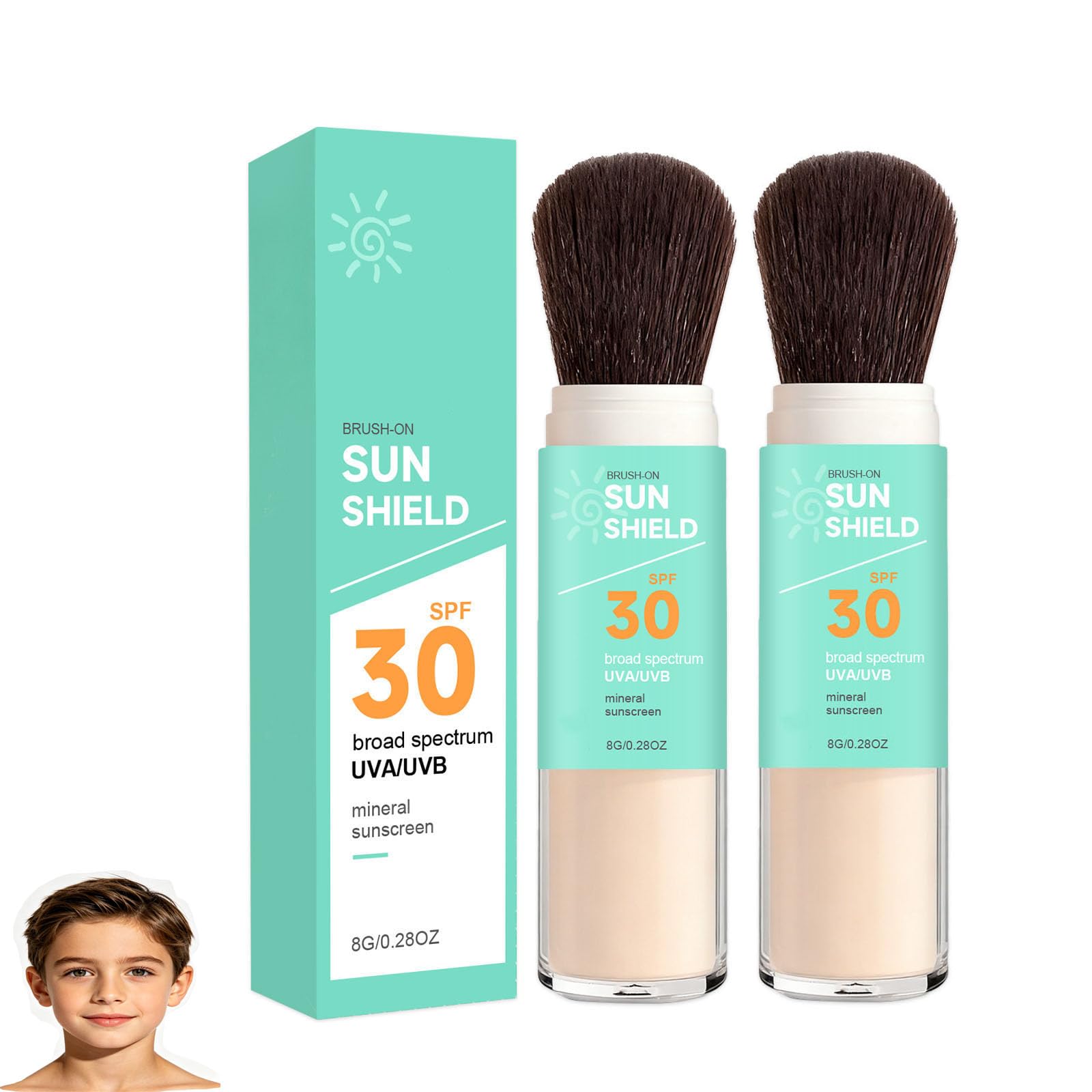 Kids Mineral Sunscreen Powder SPF 30, Scalp unscreen, Brush-On Water Resistant Sun Protection, Protect Face And Scalp, Gentle Hypoallergenic Powder Sunscreen for Children,Sensitive Skin (2PCS)