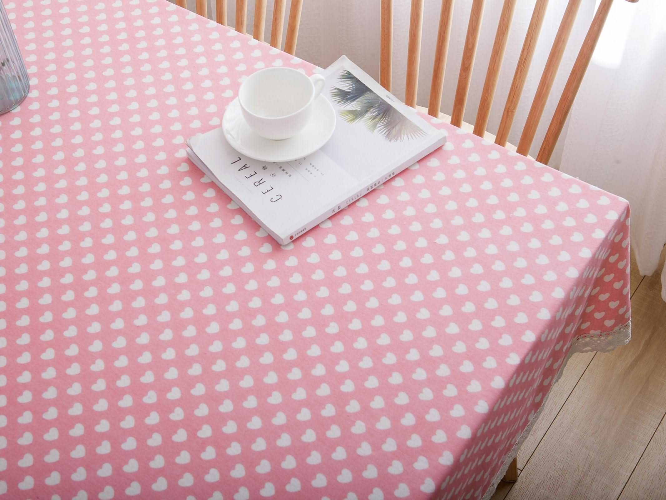 Mantel De Mesa Decorativo Mantelerias Tela Estampado Amor Rosa con Encaje Lavable Rectangular Manteles Algodon Rosado Sabana Protección Decoración 140X250Cm