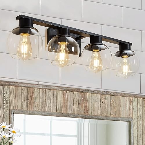 Miniatura 7 de PAZALA Lámpara de tocador de baño de 4 luces, accesorios de iluminación modernos para baño con pantalla de vidrio de globo, aplique de pared negro