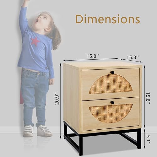 Miniatura 2 de Recaceik Ratten - Mesita de noche, armario de mesa de noche natural con 2 cajones de almacenamiento y patas de metal, estante rústico para mesita de