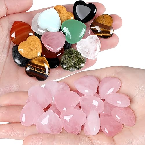Paquete de 10 piedras de corazón de colores surtidos y 10 cristales de cuarzo rosa piedras de amor piedras curativas de reiki equilibrio energético