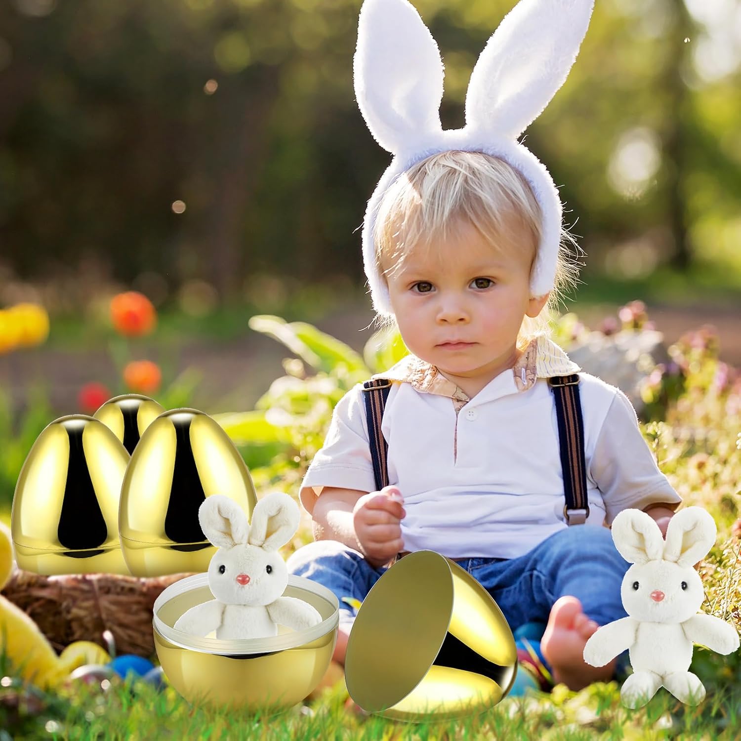 6 Pcs 10 Inch Large Golden Metallic Easter Eggs Jumbo Filled with 10 Inch Plush Bunny Toys Set for Filling Treats, Fillable Surprise Eggs Bulk, Basket Stuffers Fillers Classroom Prize