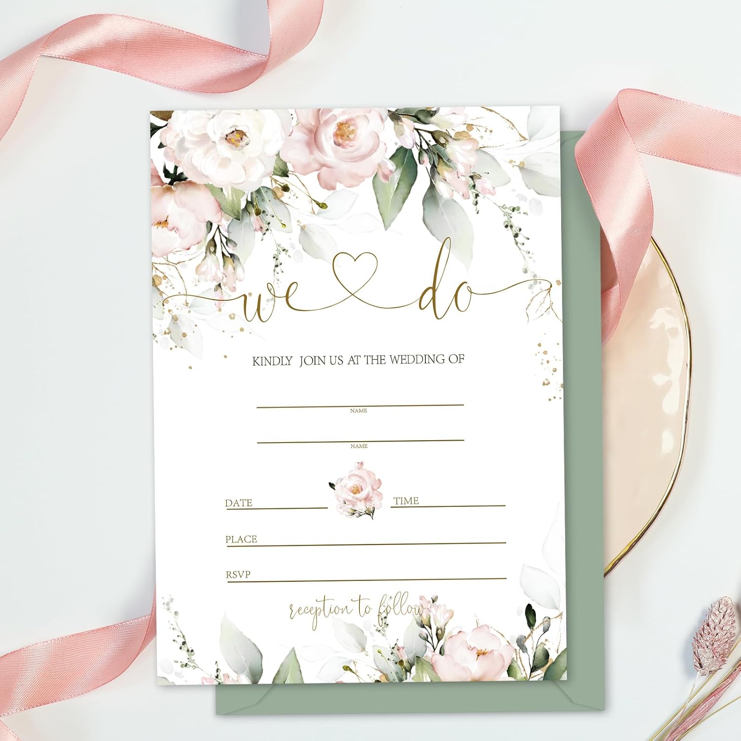 Whaline 25 Sets Elegant Floral Wedding Invitations with Envelopes, Stickers & Eucalyptus Leaves - 5x7 Inch Blank Mr & Mrs Cards for Bridal Shower