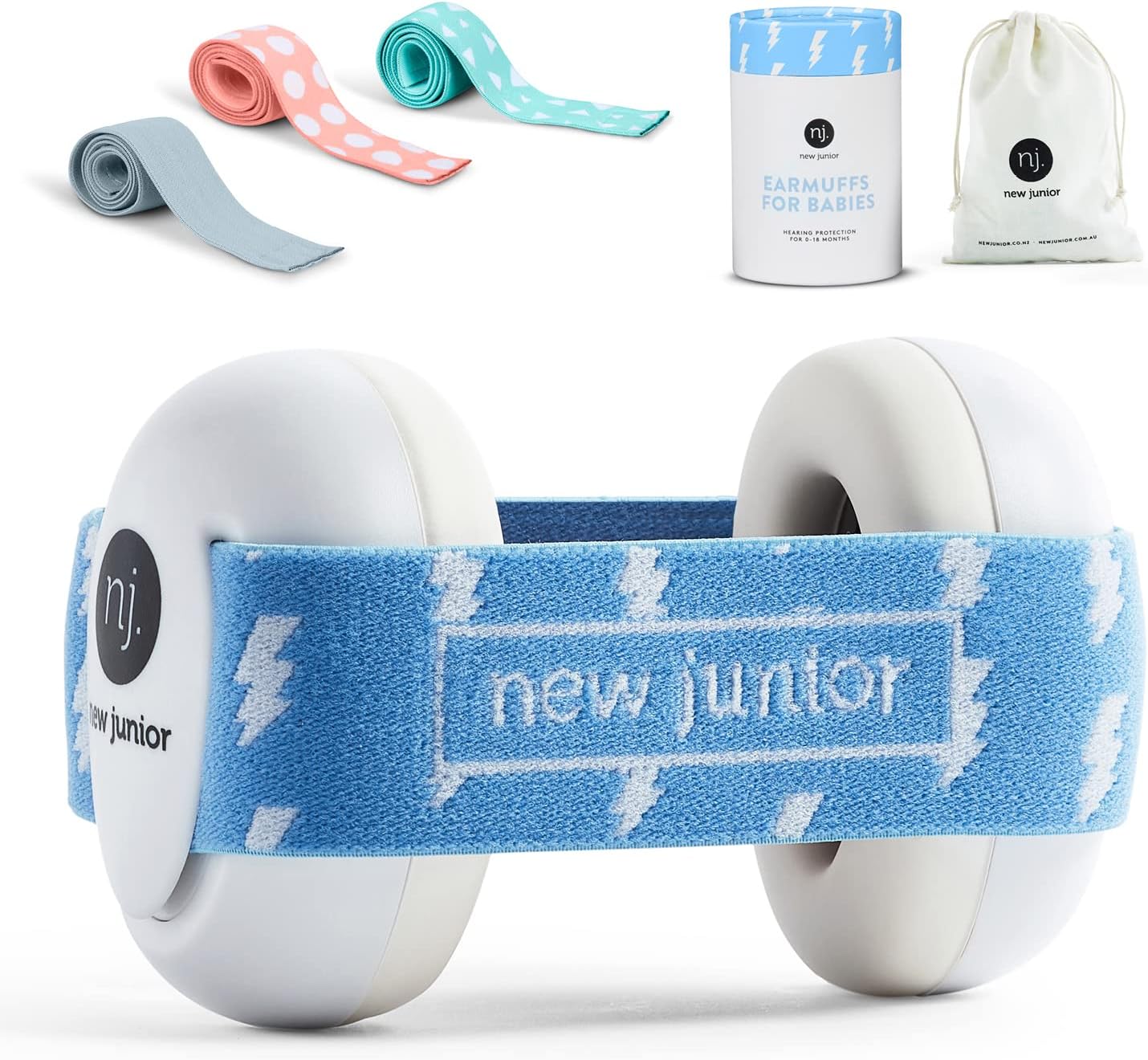 New Junior Baby Ear Protection - Newborn Noise Cancelling Earmuffs - Toddler Ear Protection up to 36 Months - Includes Carry Bag - The Only Silicone Non Slip Headband Available - (Blue Bolts)