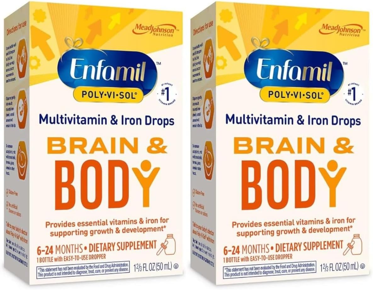 Enfamil Prenatals & Baby Vitamin Poly-Vi-Sol with Iron Multivitamin Supplement Drops for Infants and Toddlers, 50 mL dropper bottle, (Pack of 2)