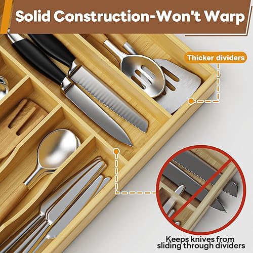 Miniatura 4 de ZRLEI Organizador de cajones de cubiertos de bambú para cocina, bandeja de utensilios de 13 pulgadas con 7 ranuras y divisores ranurados profundos
