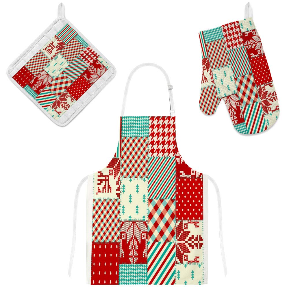 Tablier de cuisine, gant et manique imperméables 3 pièces pour Noël