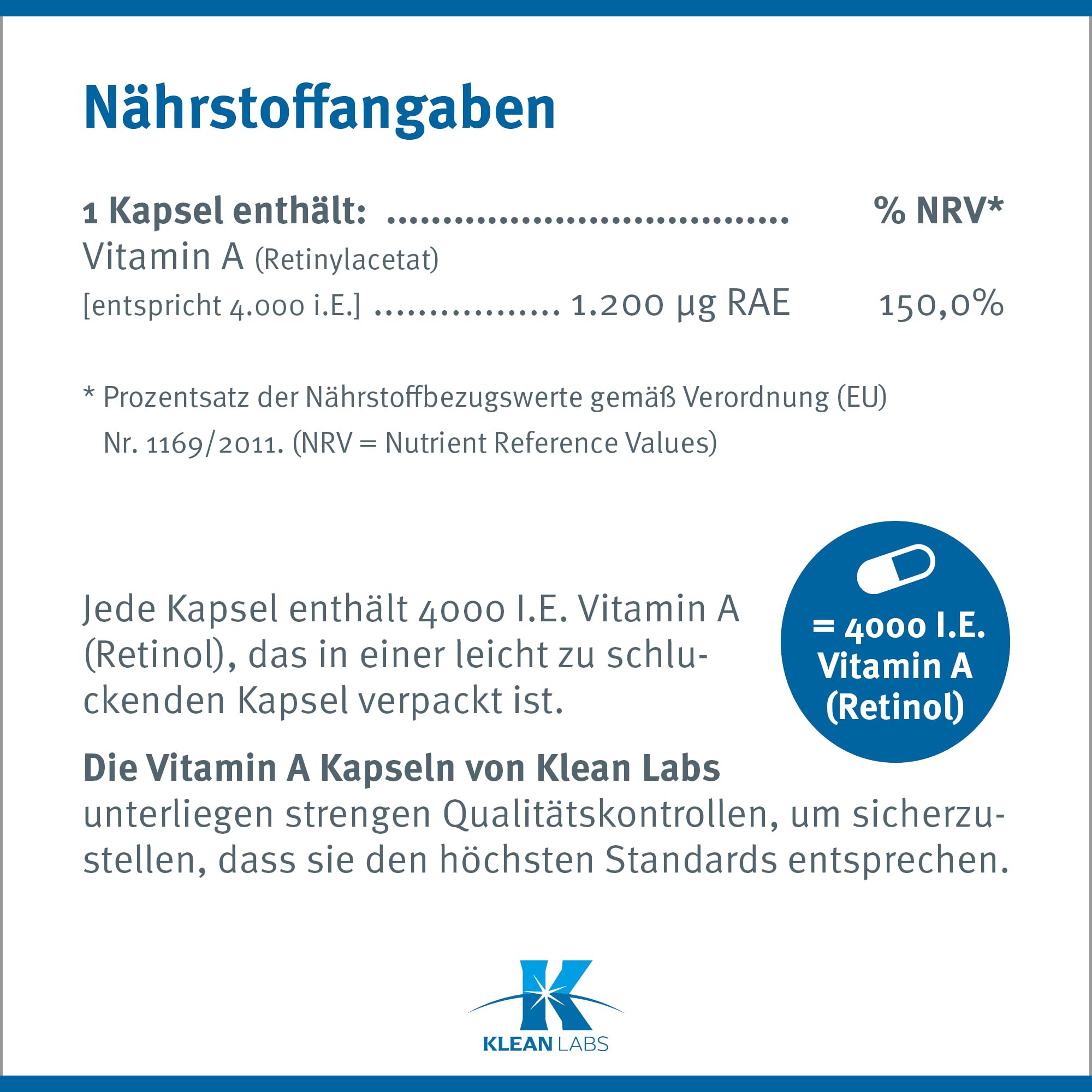 Vitamin A 4000 i.E. - 100 Kapseln - vegan, ohne Gentechnik, glutenfrei, ohne unerwünschte Zusätze - zur Erhaltung normaler Sehkraft & Schleimhäute
