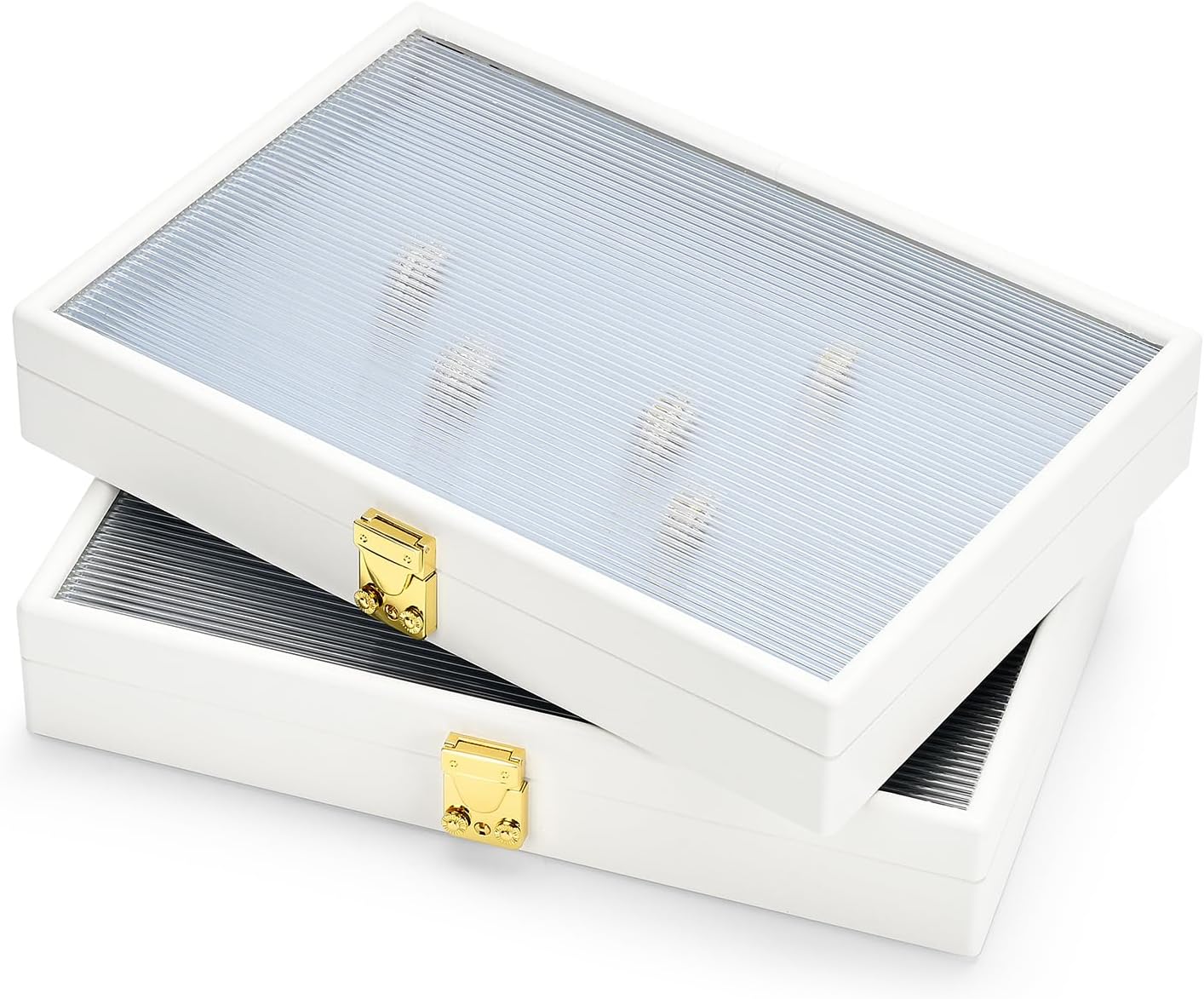 Oirlv White 24 Grid Luxury Leather Jewelry Organizer Tray with Clear Lid Lockable Jewelry Box Earrings Rings Holder Box for Women (Blue Interior) 24 Grid