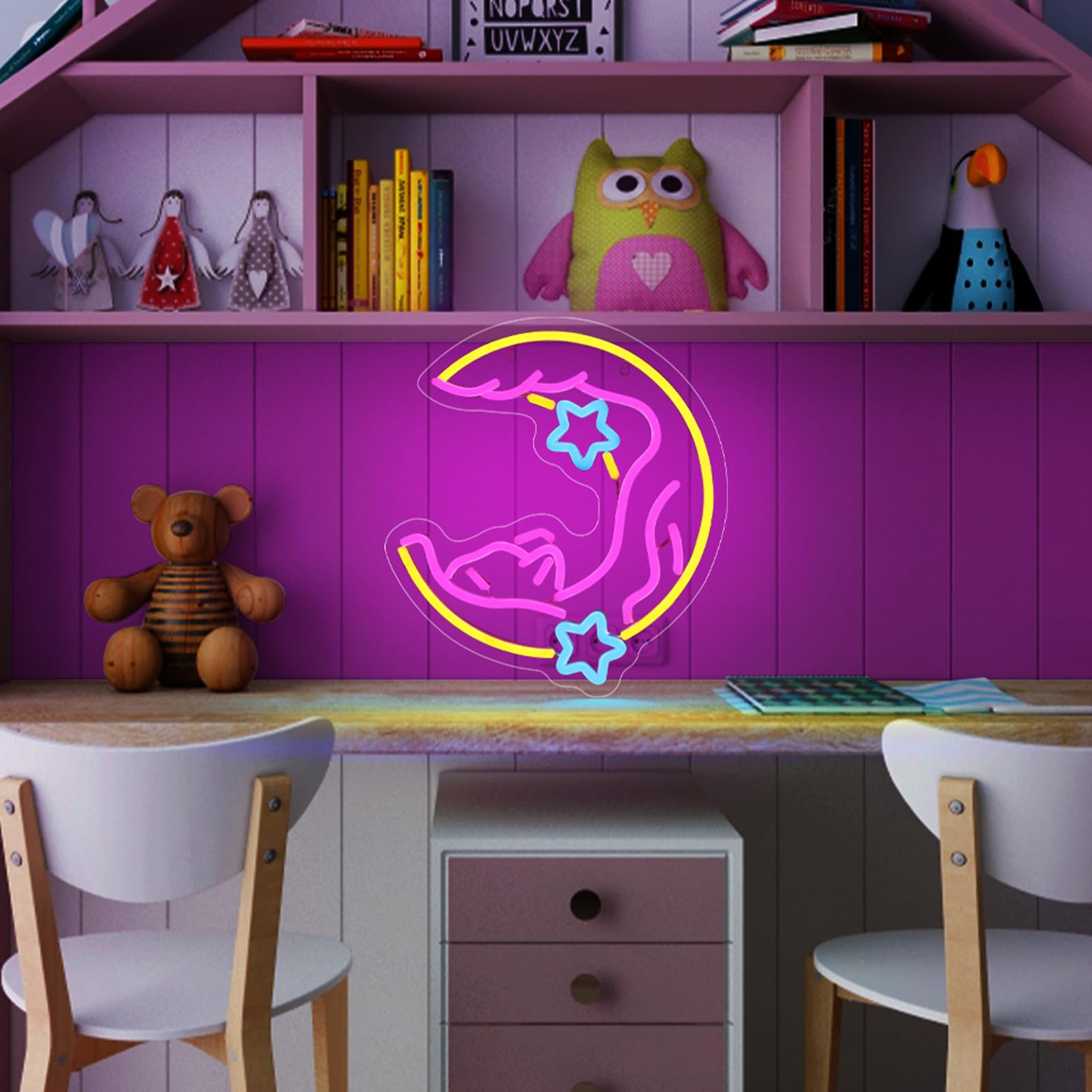 オーダー ネオンサイン 猫と月デザイン ピンク ガラス製 インテリア